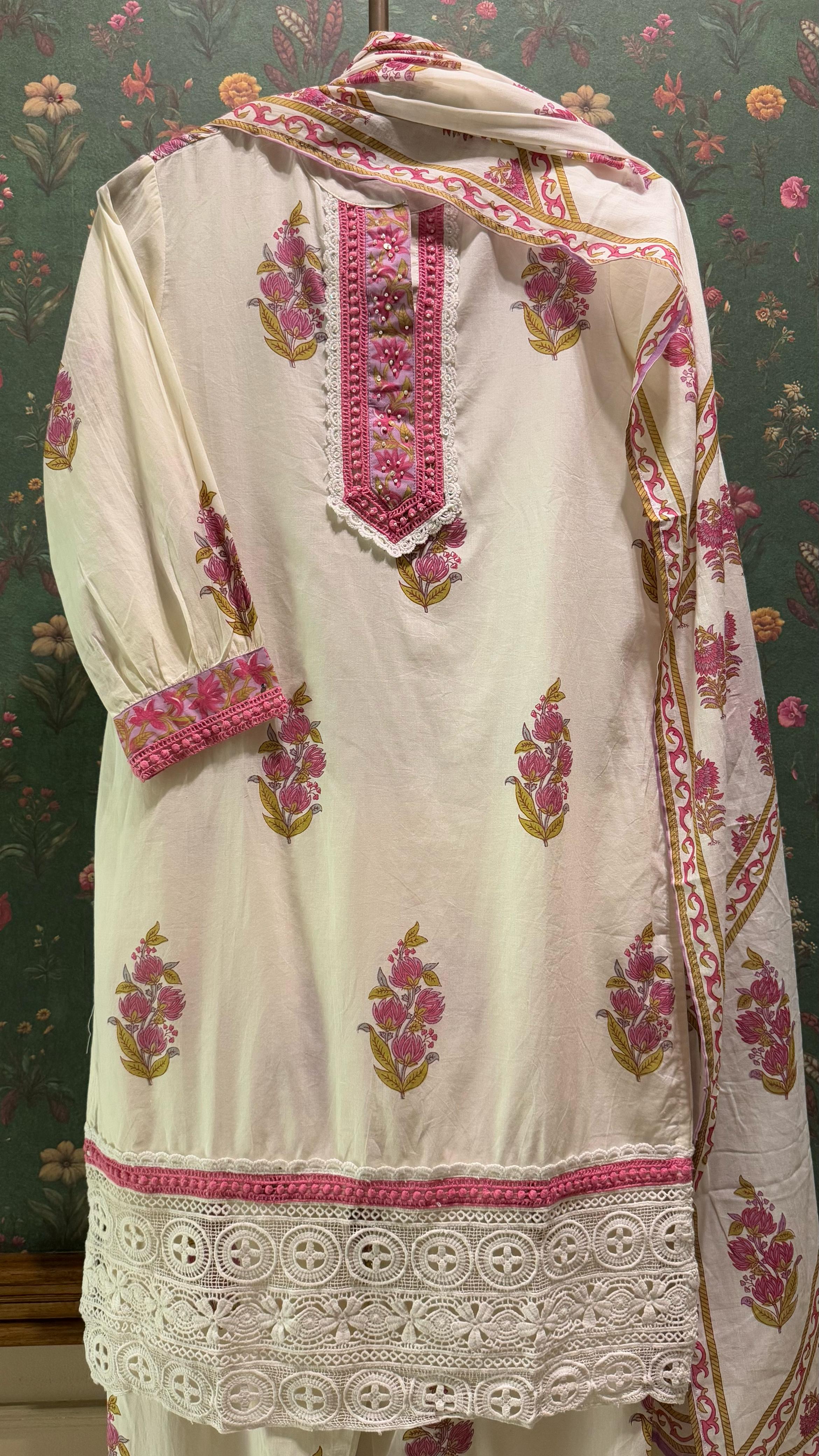 Cream Straight fit Cotton Suit Set