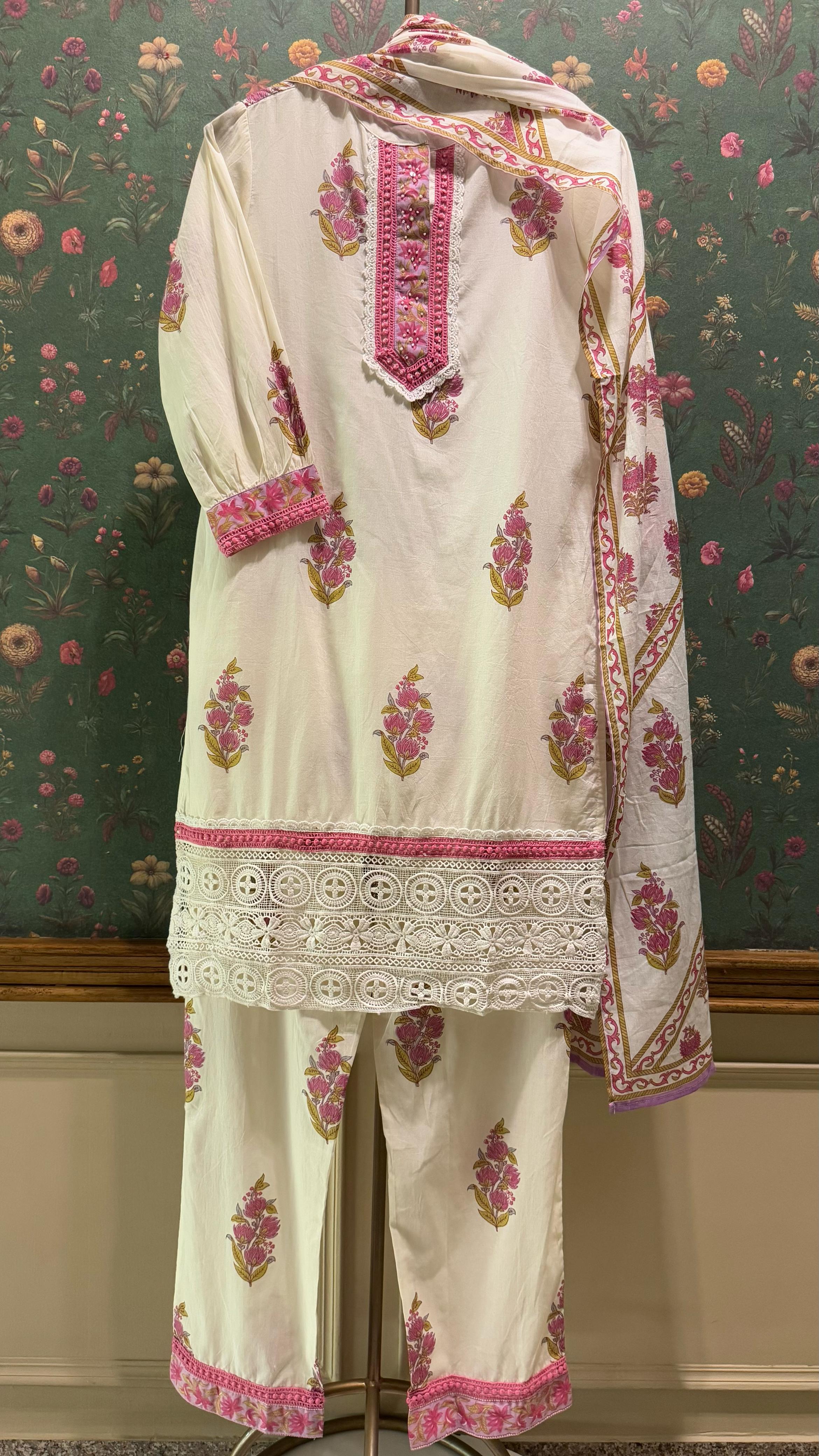 Cream Straight fit Cotton Suit Set