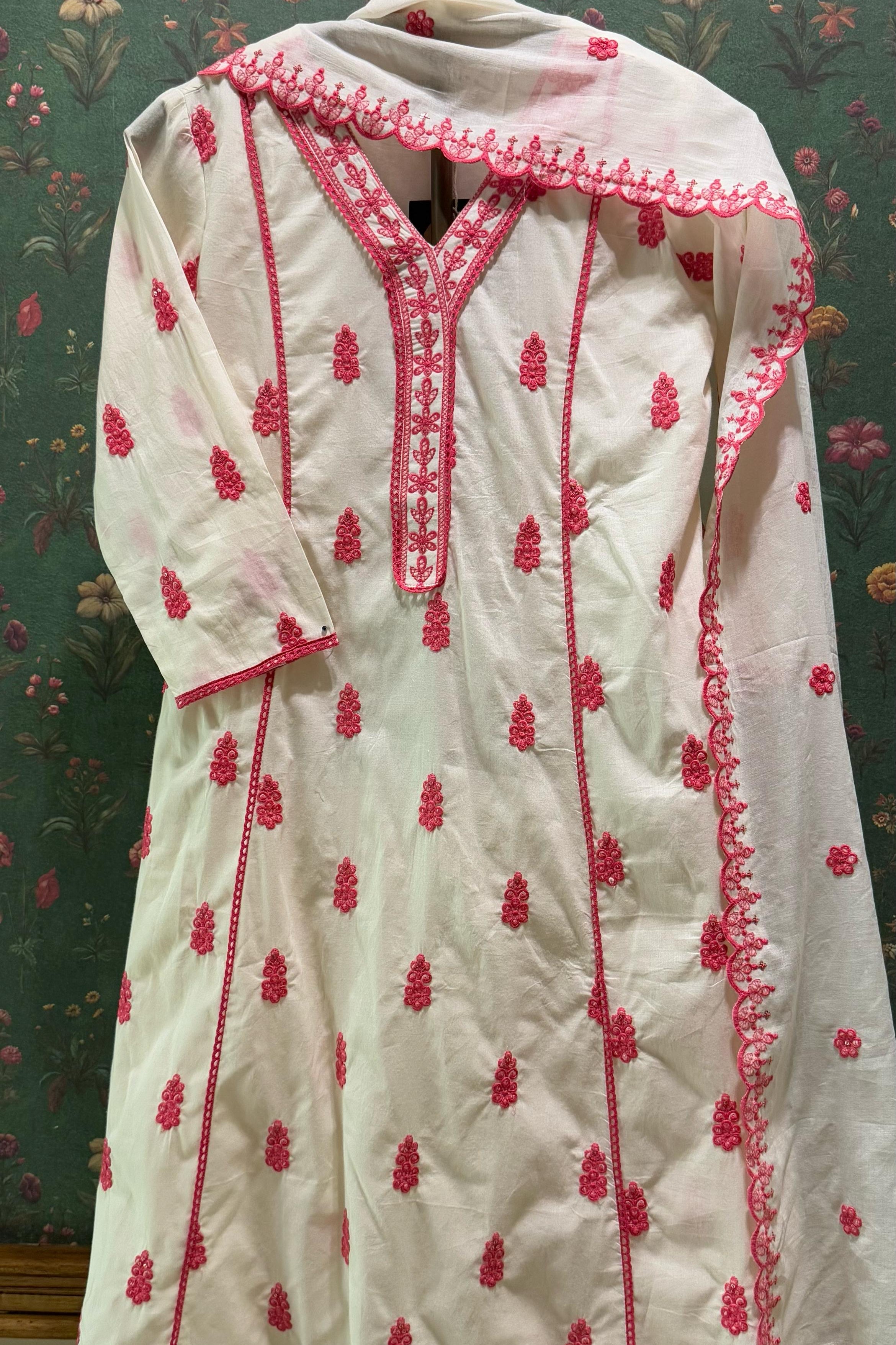 Ivory Cotton Charm A-Line Suit Set (Fuchsia Pink) | HER-514