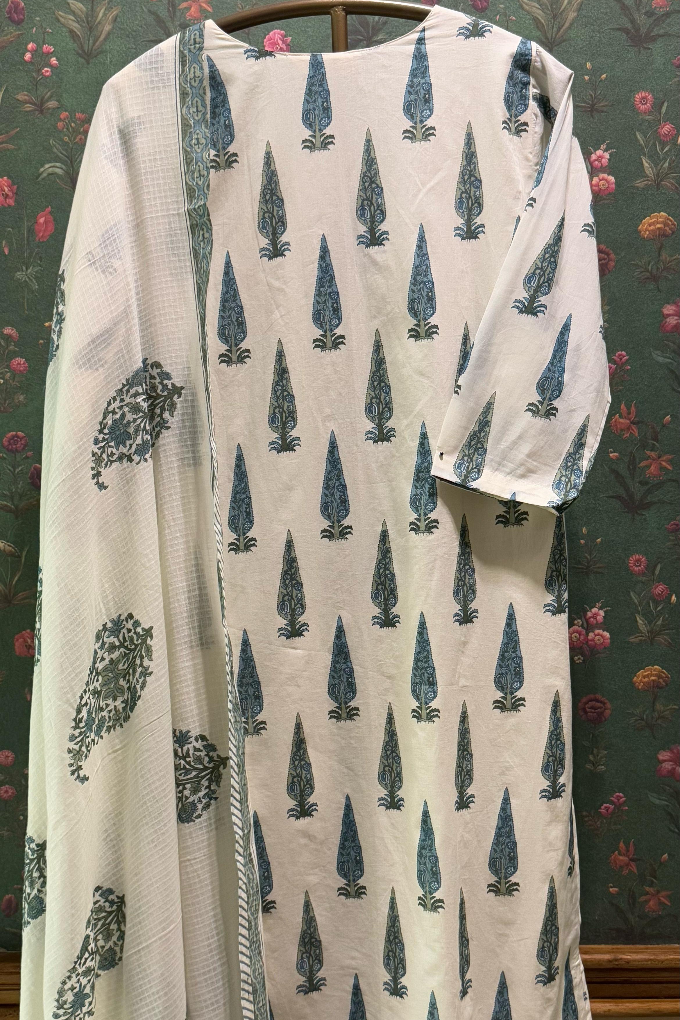 Sea Green Floral Suit Set, with Kota Doria Dupatta | HER-519