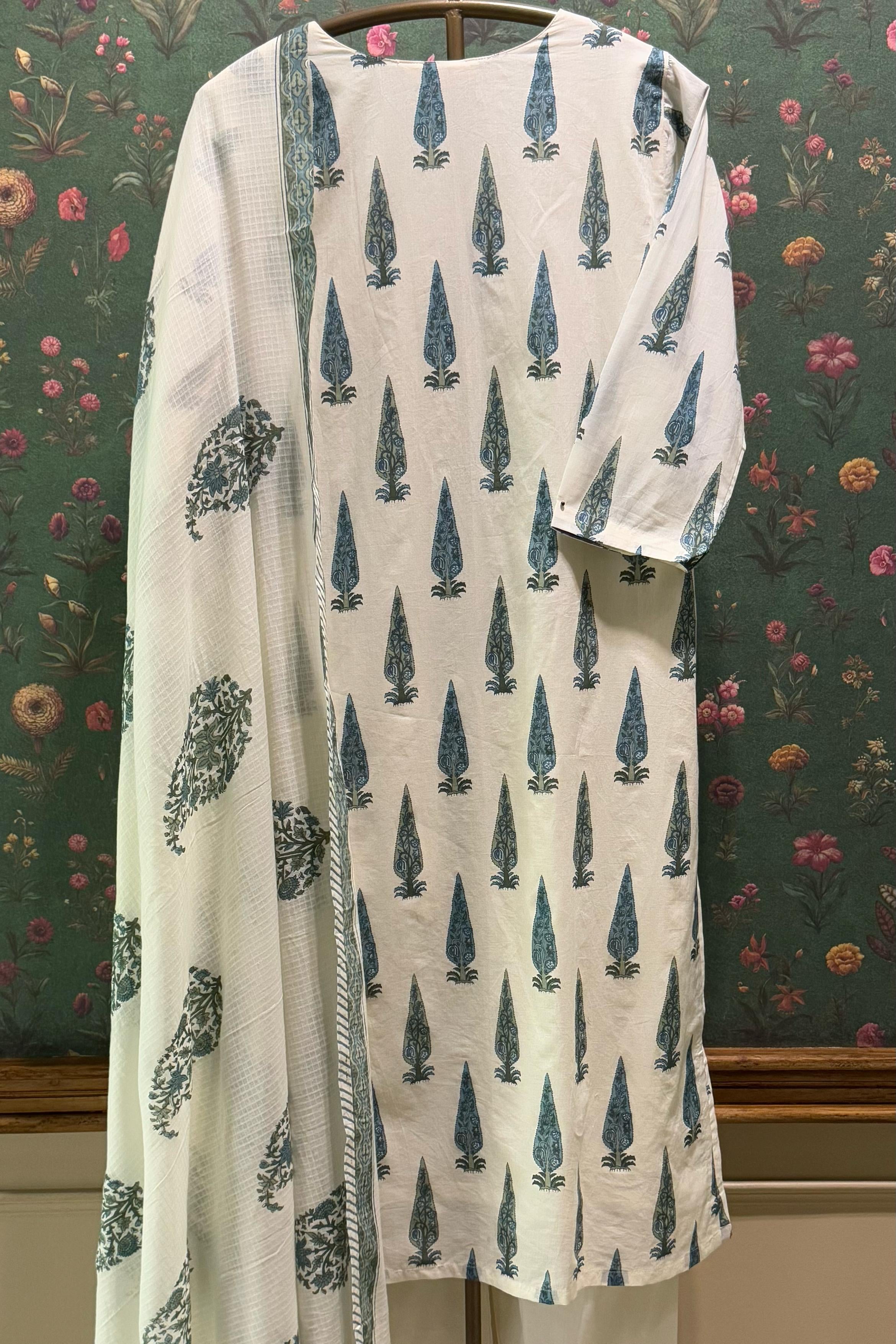 Sea Green Floral Suit Set, with Kota Doria Dupatta | HER-519