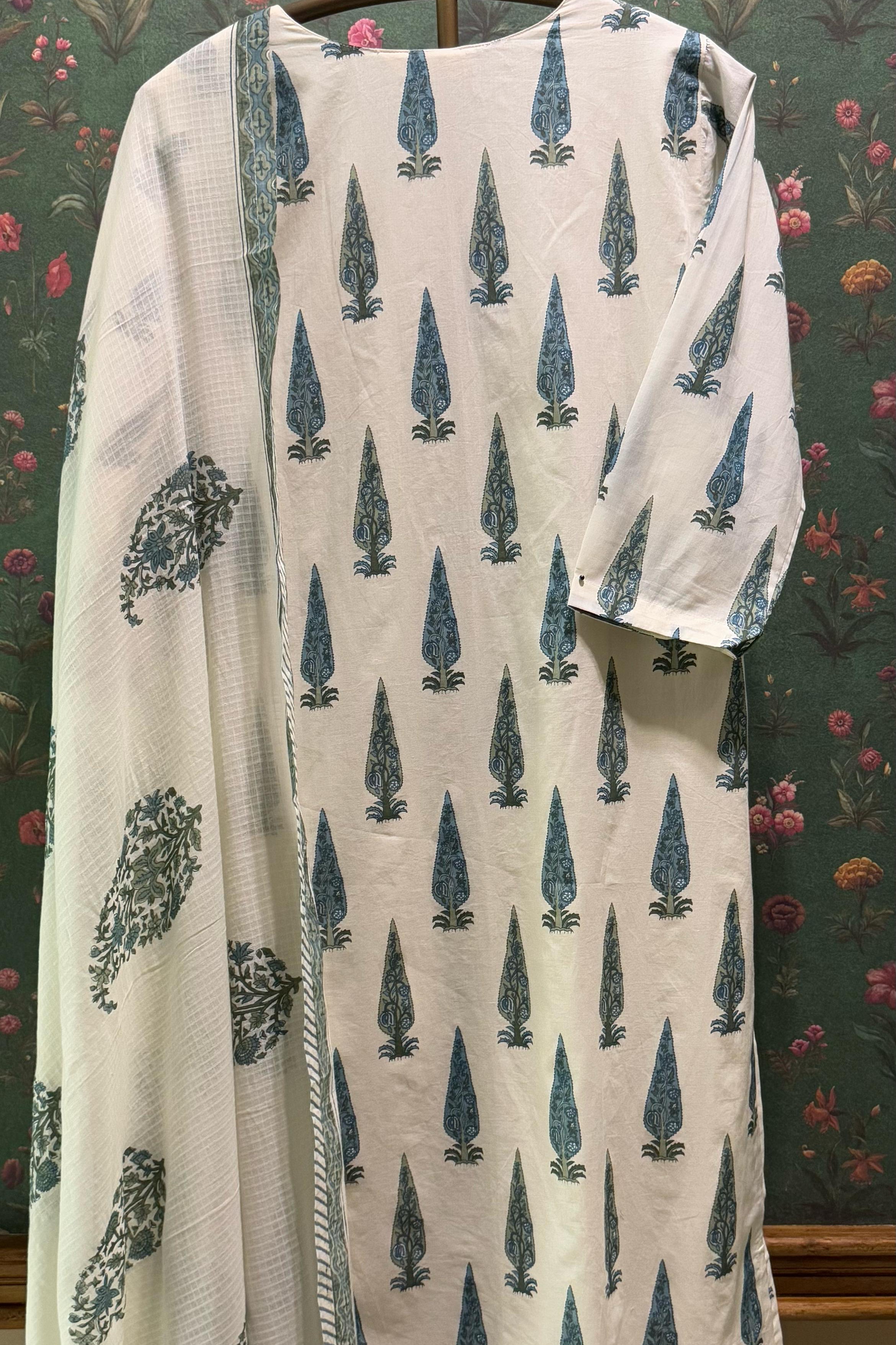 Sea Green Floral Suit Set, with Kota Doria Dupatta | HER-519