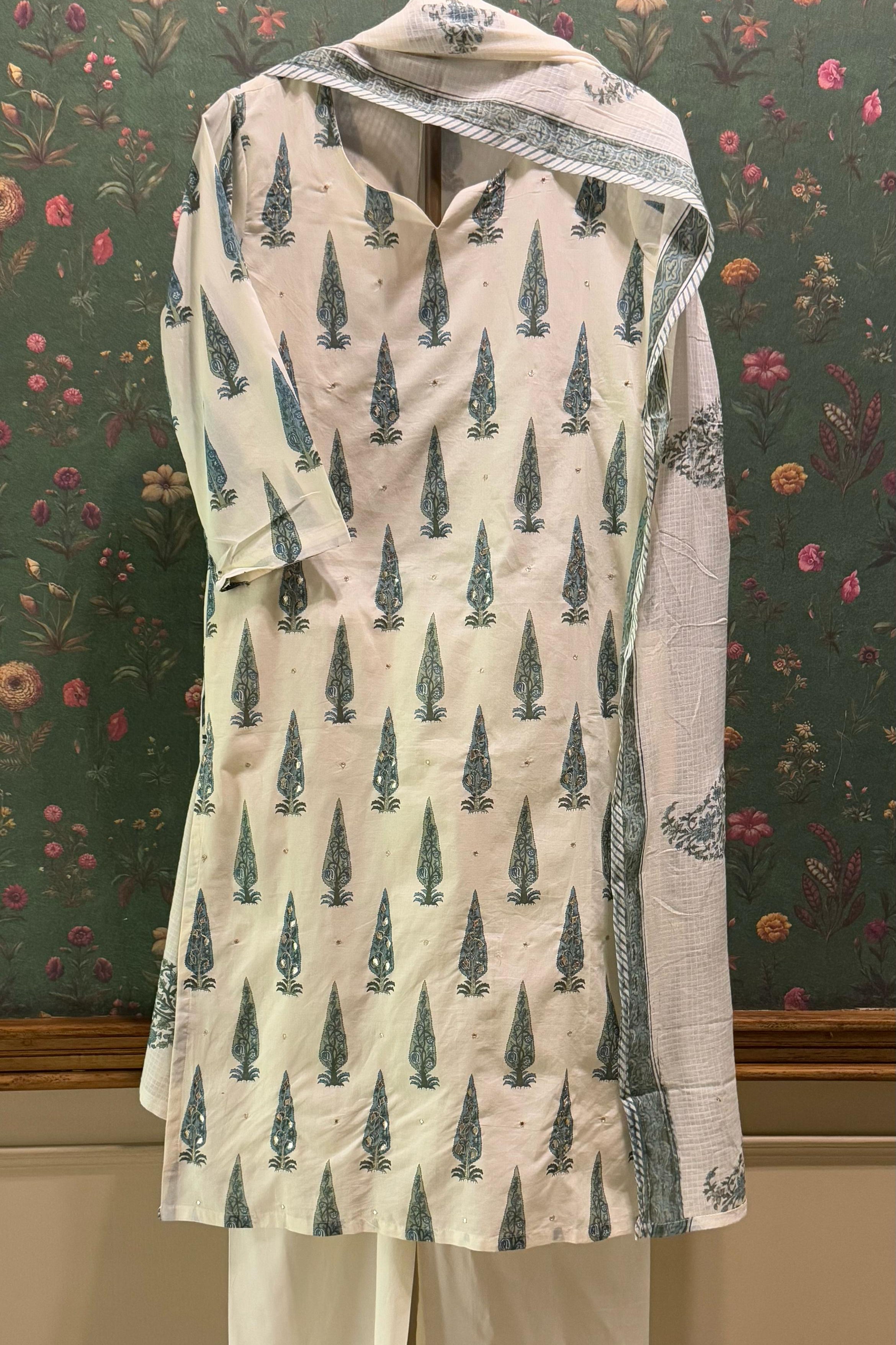 Sea Green Floral Suit Set, with Kota Doria Dupatta | HER-519