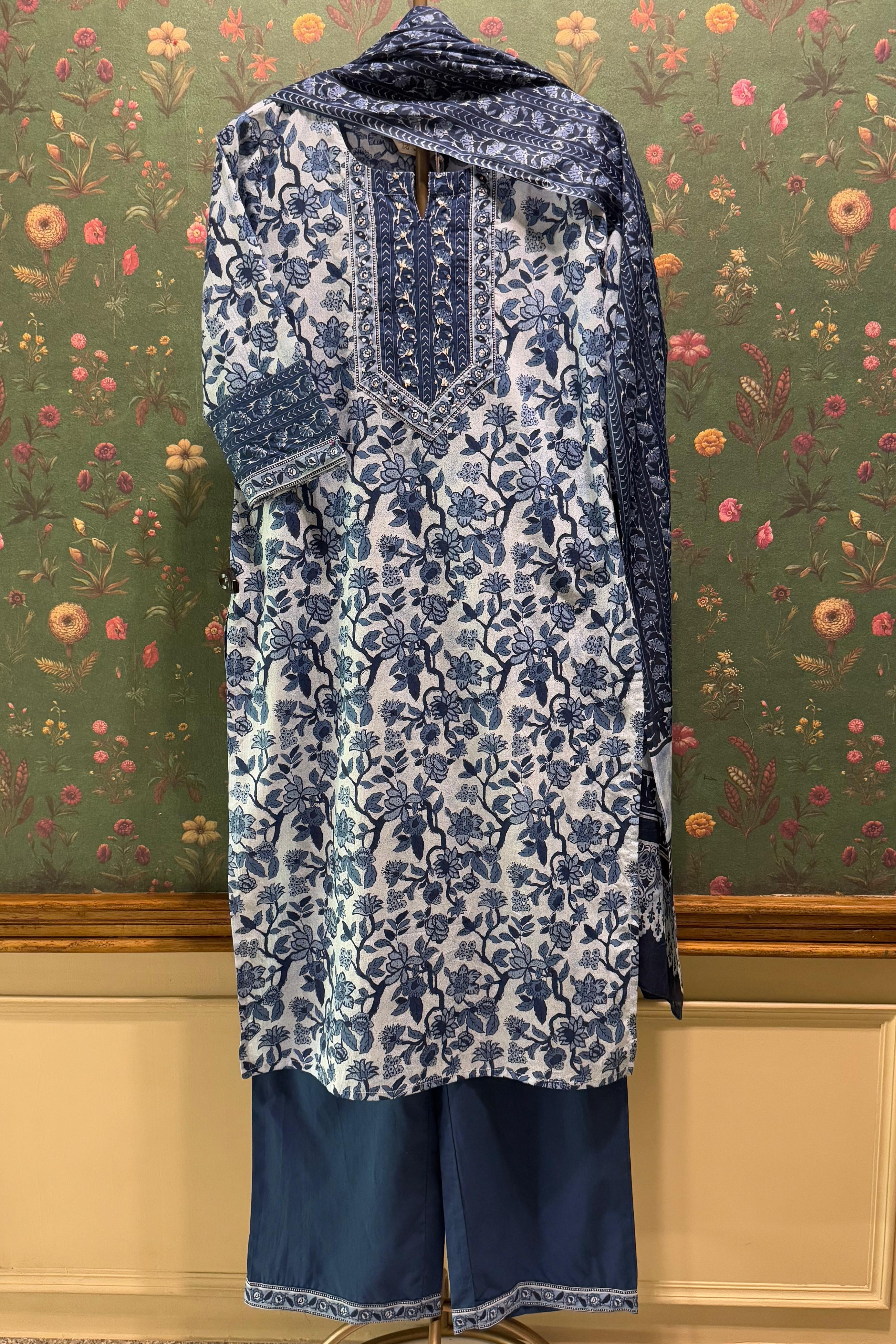 Floral Blue Cotton Suit Set | HER-511