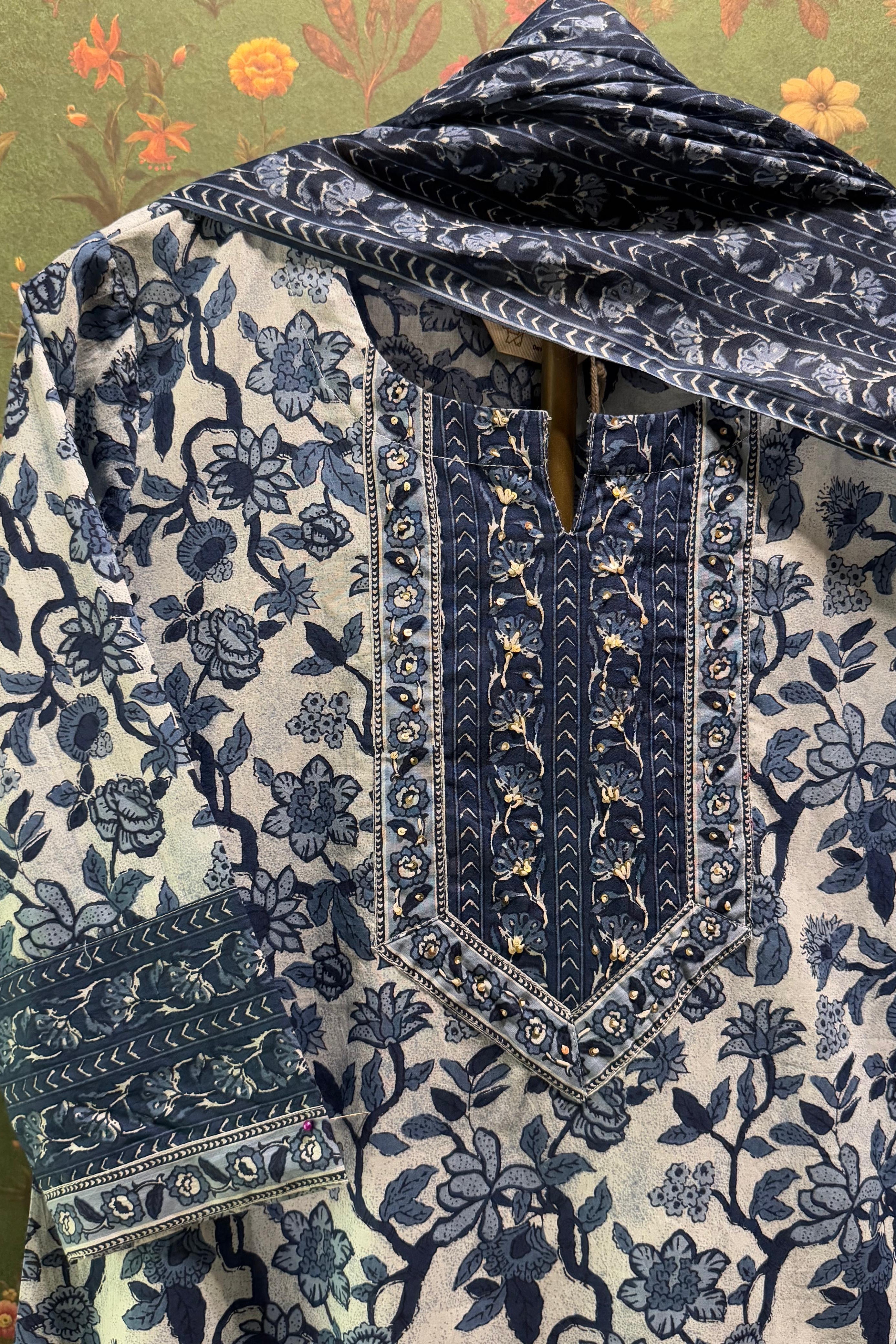 Floral Blue Cotton Suit Set | HER-511