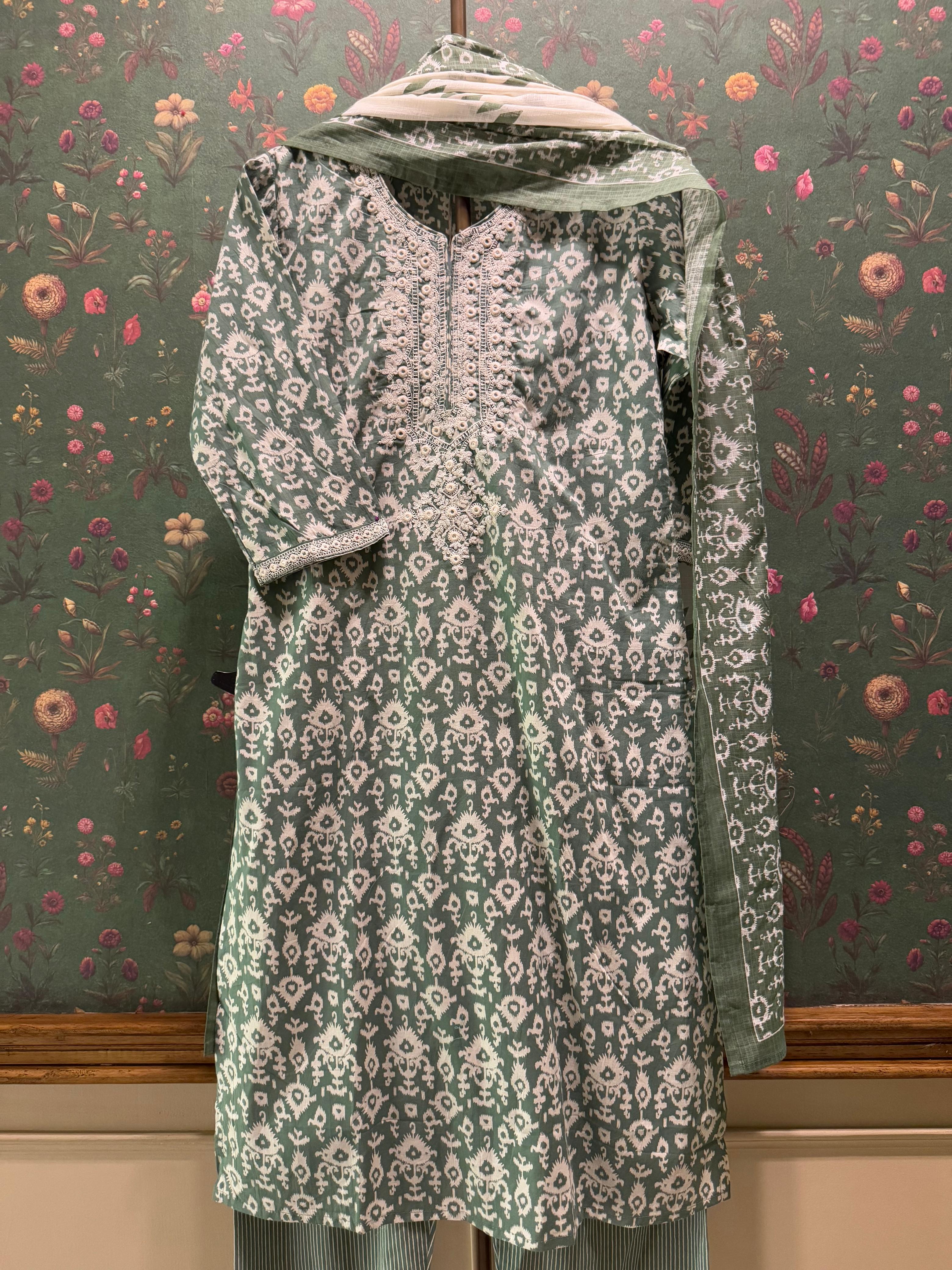 Sage Green Cotton Suit Set with Kota Doria Dupatta