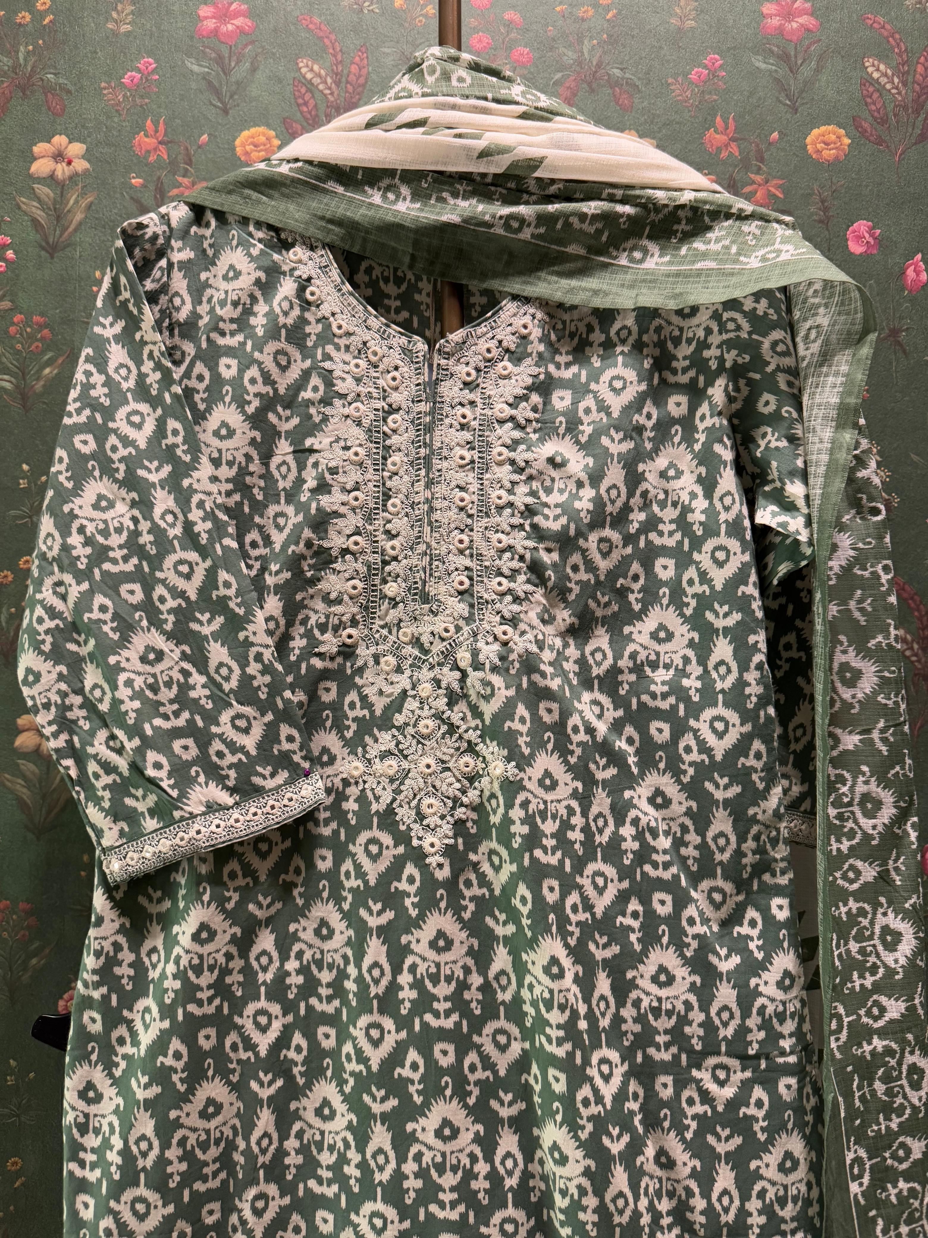 Sage Green Cotton Suit Set with Kota Doria Dupatta