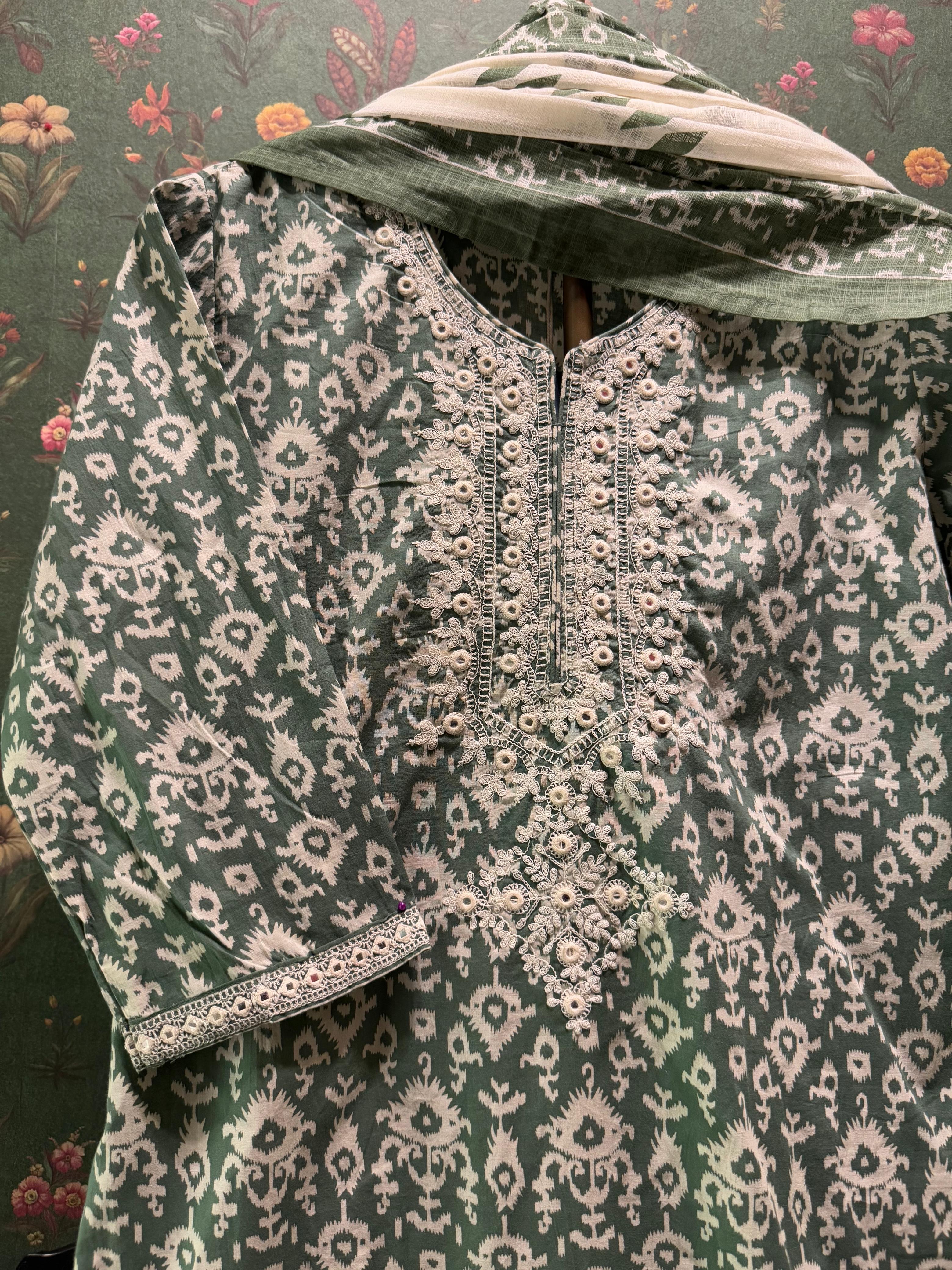 Sage Green Cotton Suit Set with Kota Doria Dupatta