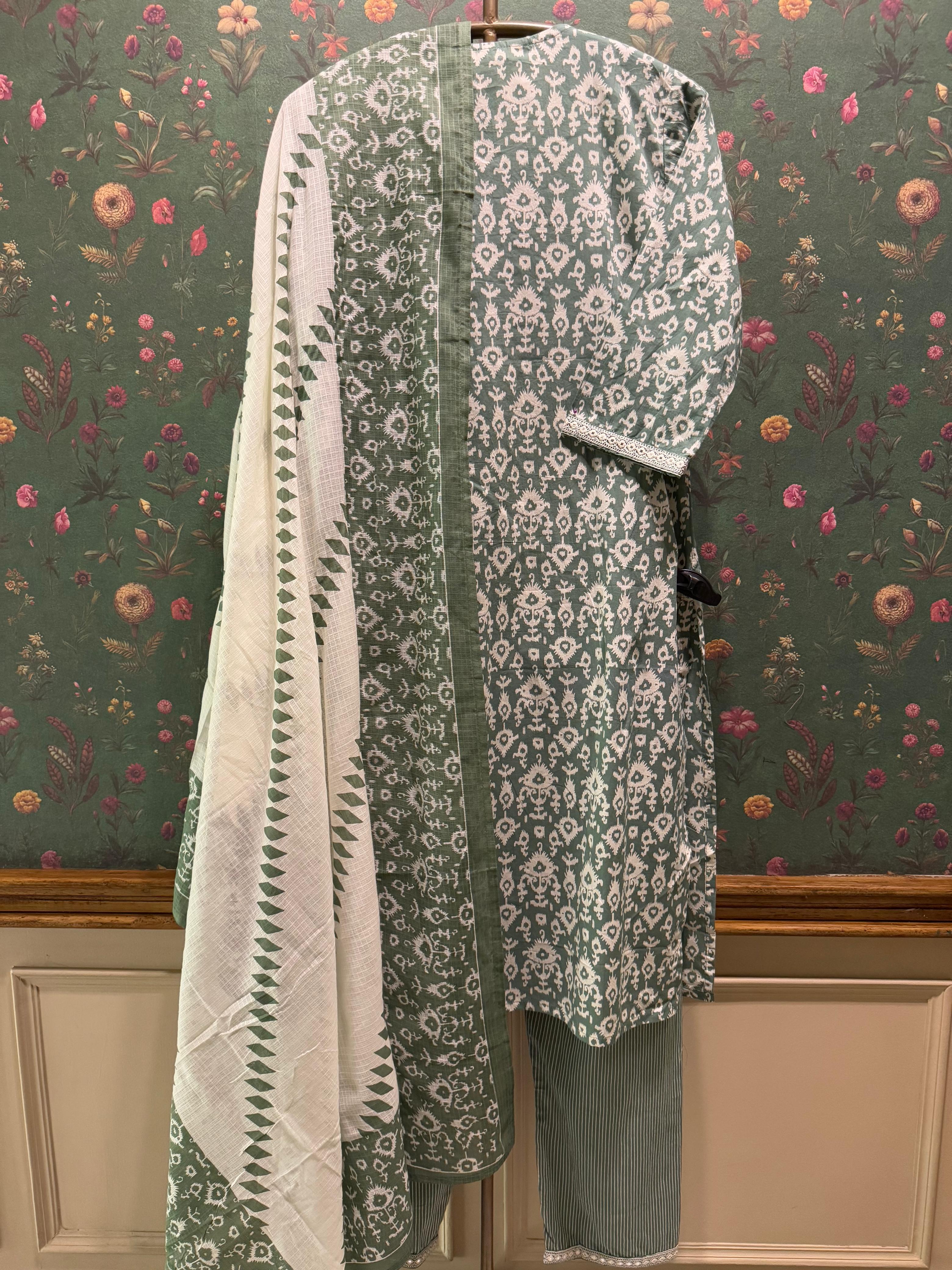 Sage Green Cotton Suit Set with Kota Doria Dupatta