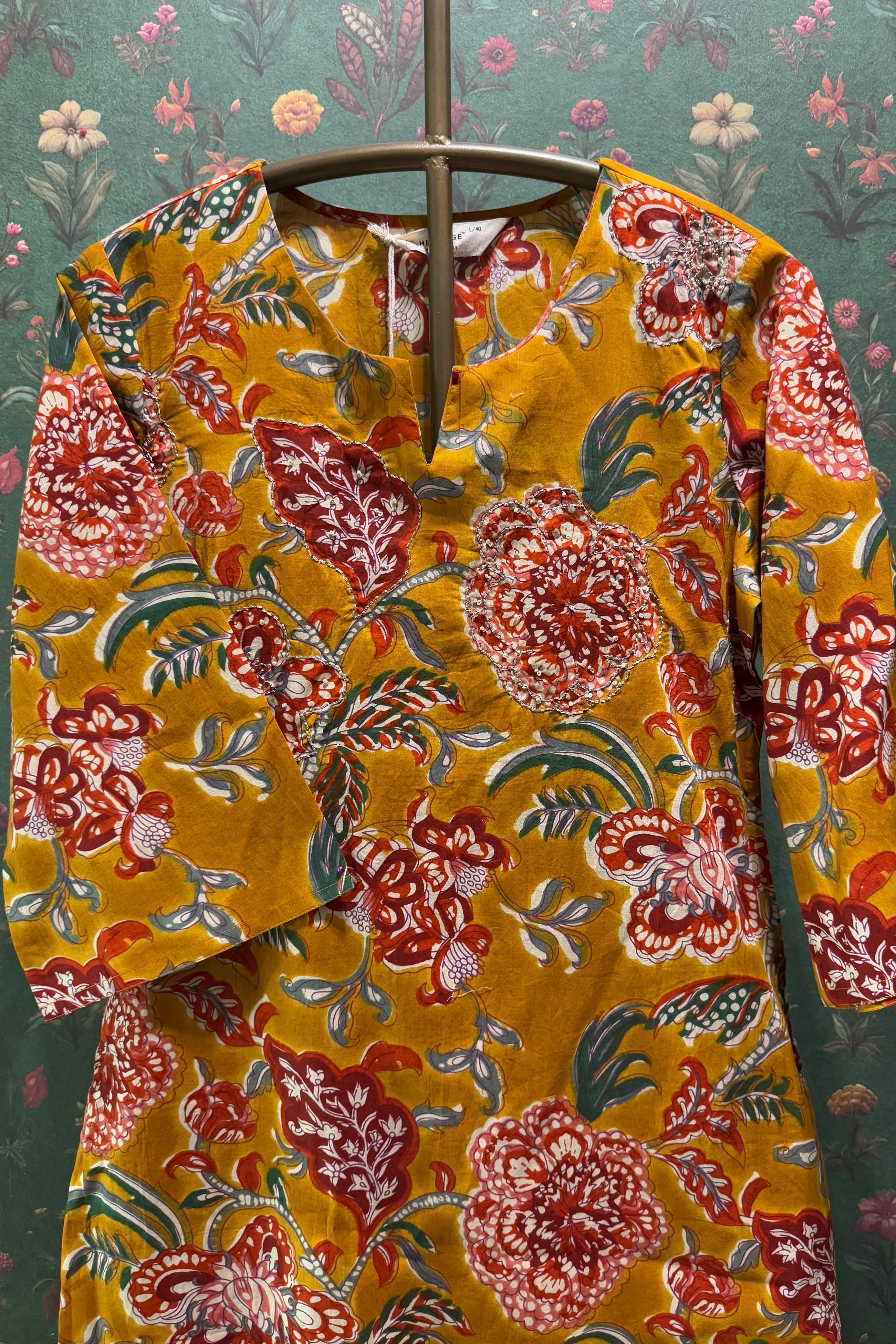 Mustard Yellow Floral Cotton Co-ord Set | HER-533