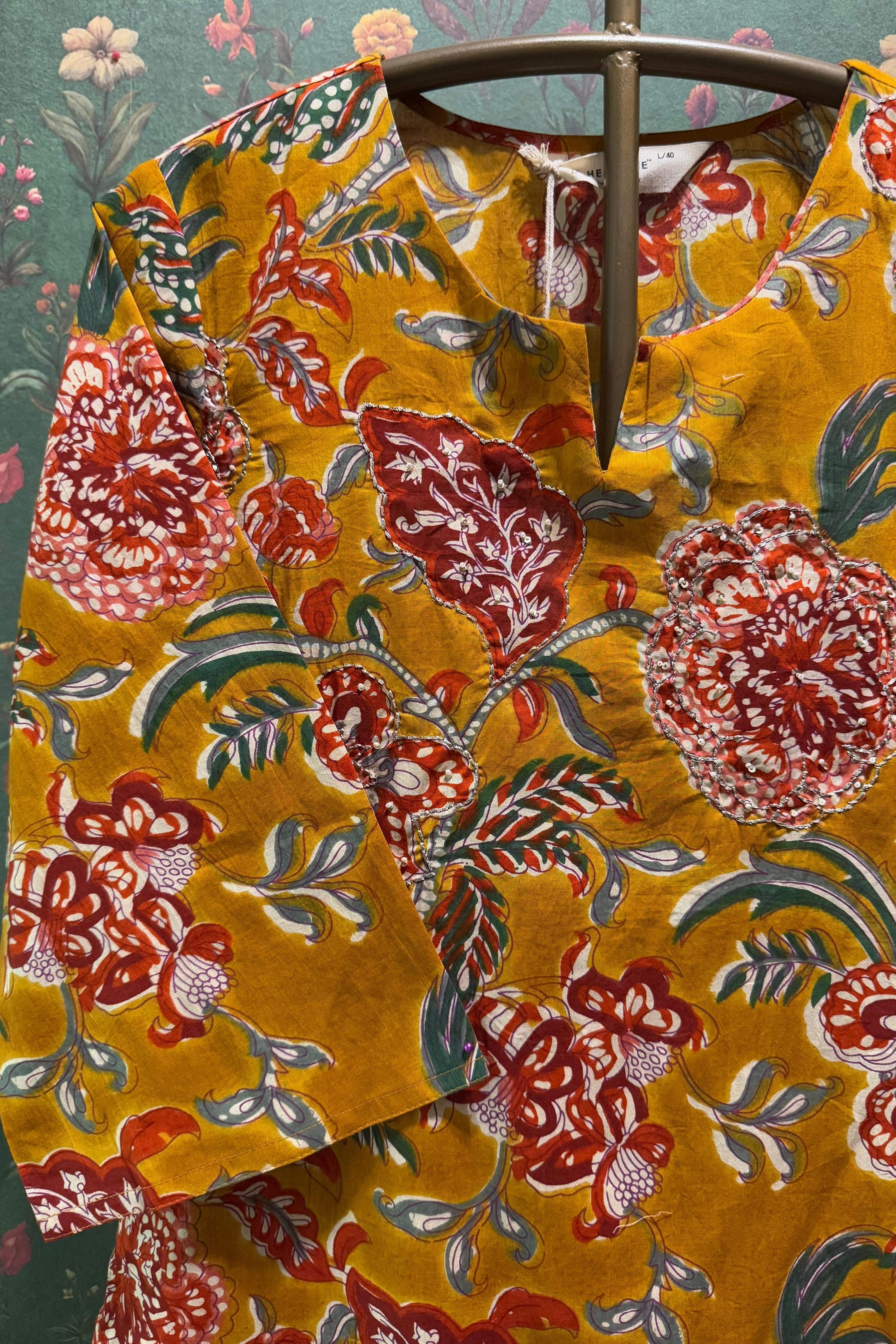 Mustard Yellow Floral Cotton Co-ord Set | HER-533