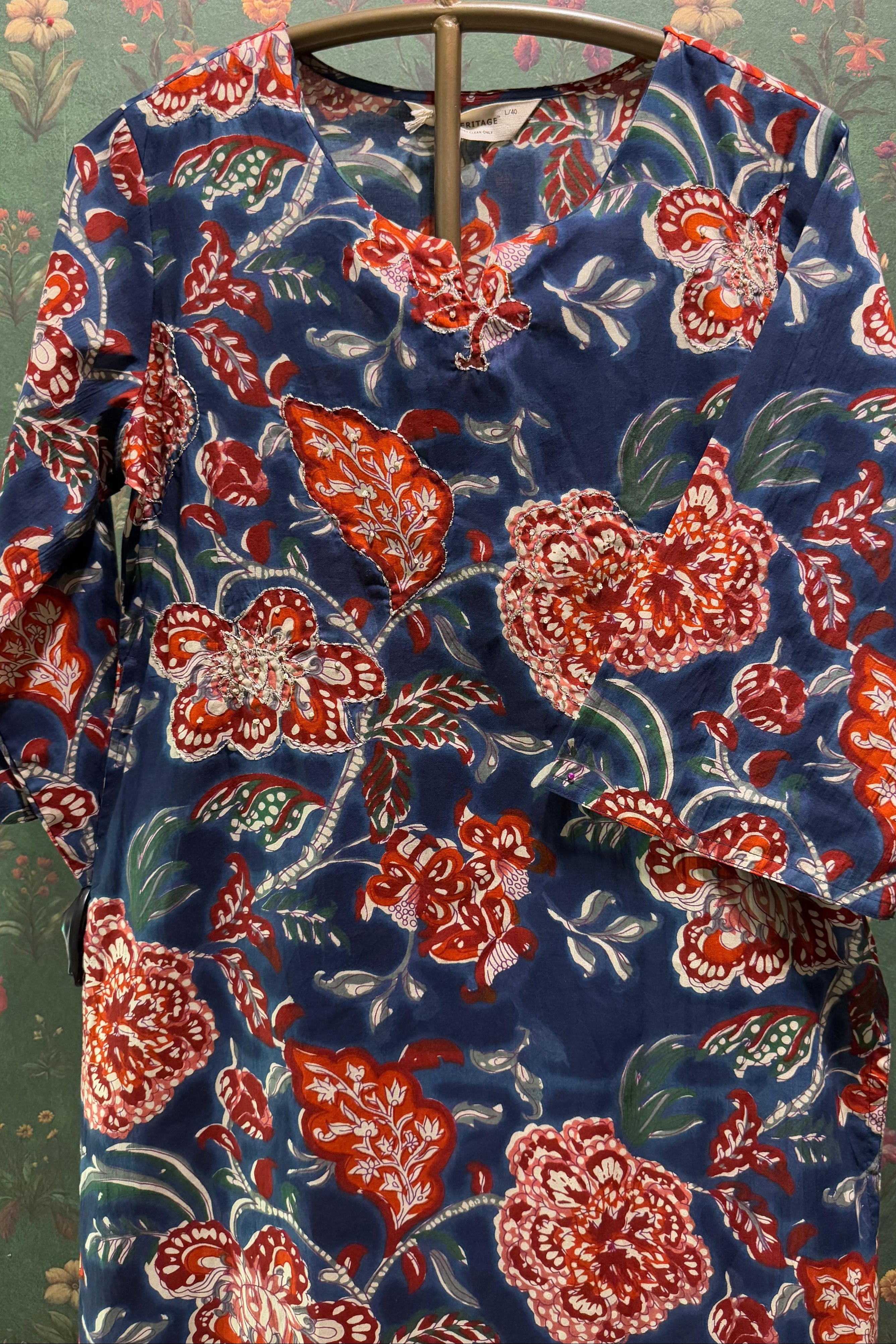 Navy Blue Floral Cotton Co-ord Set | HER-533