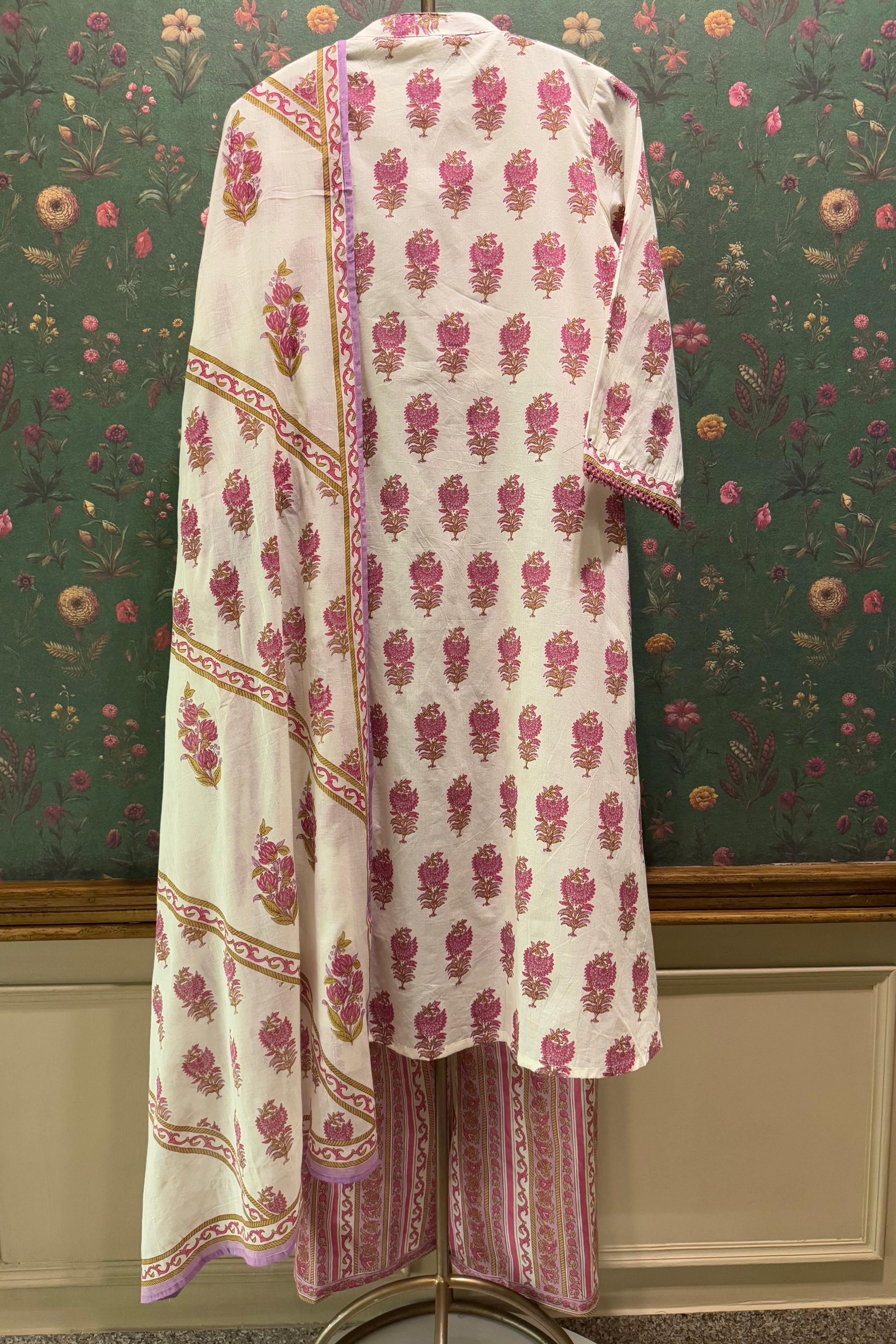 White & Pink Floral Cotton Suit Set