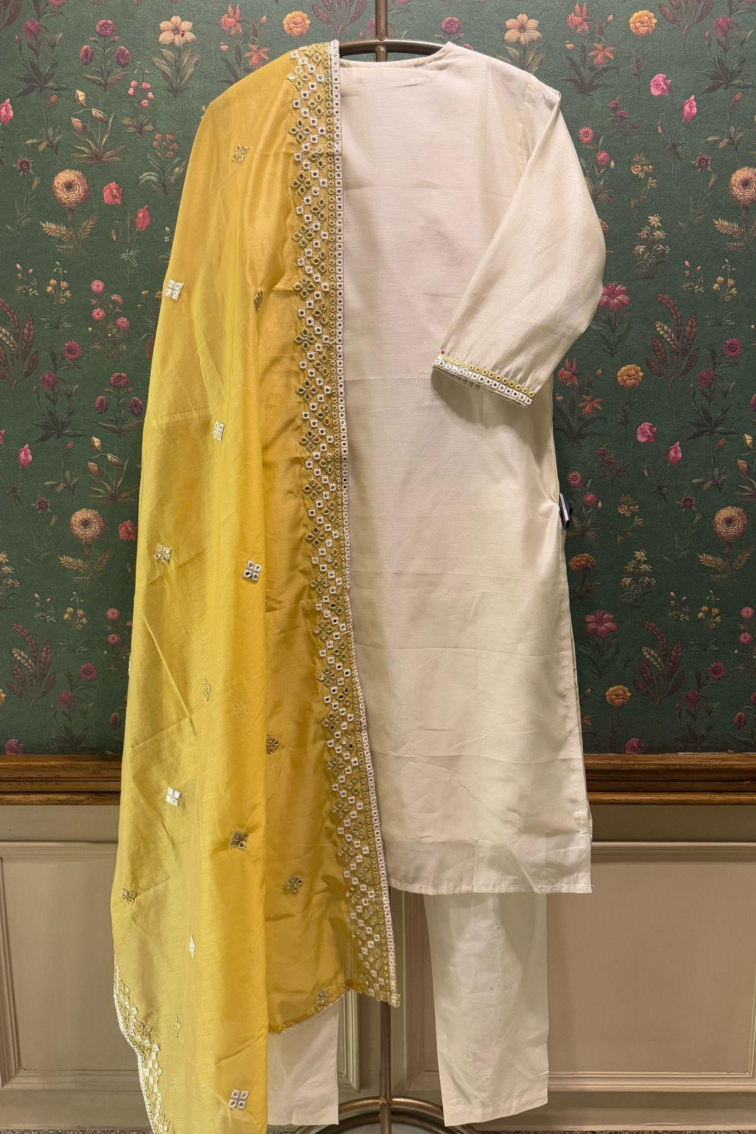 Ivory Chanderi Suit Set with Mirror Work | HER-409