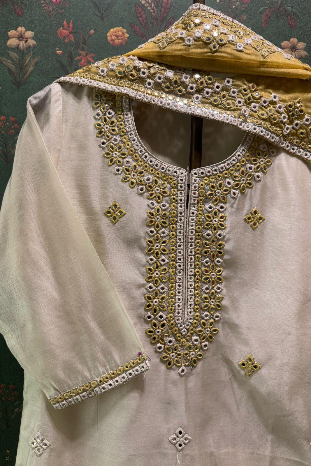 Ivory Chanderi Suit Set with Mirror Work | HER-409