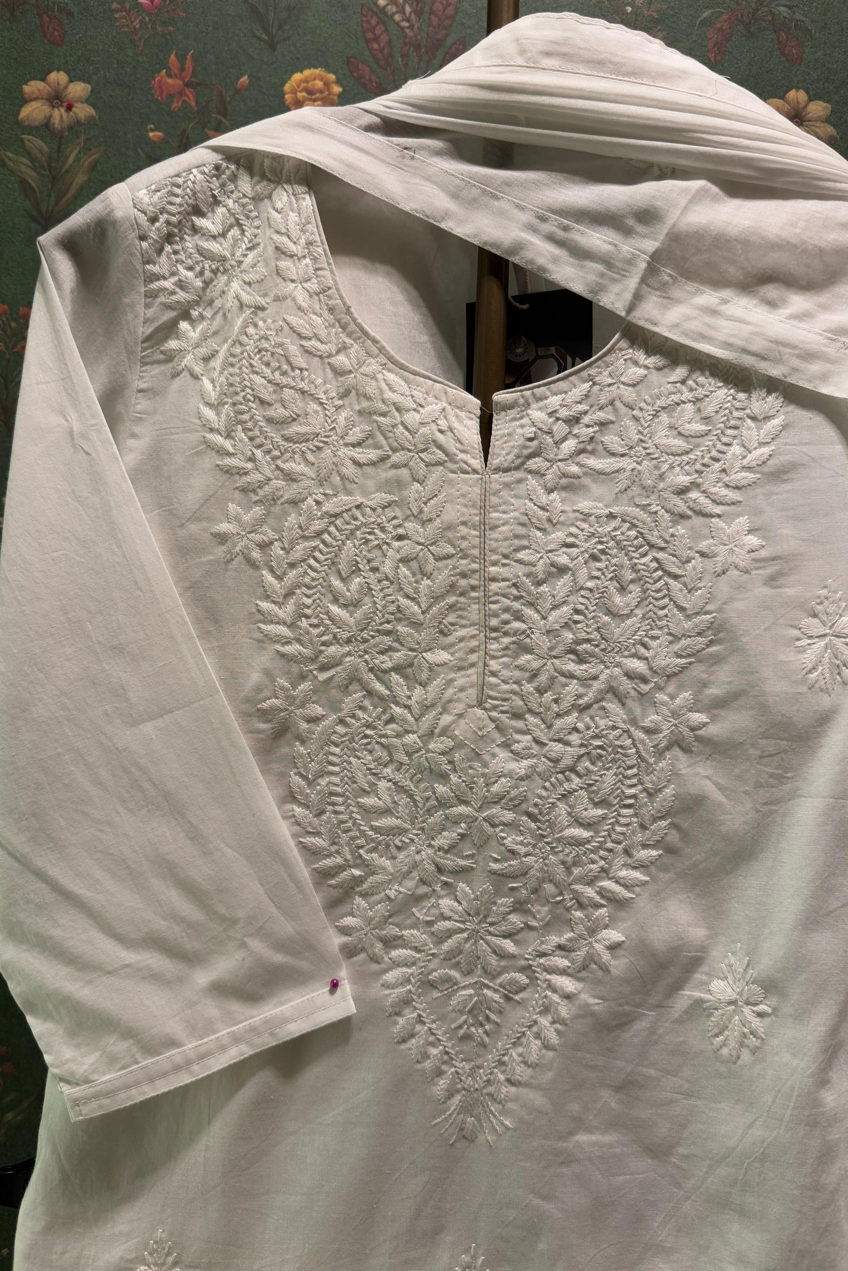 White Cotton Chikankari Suit Set | HER-531