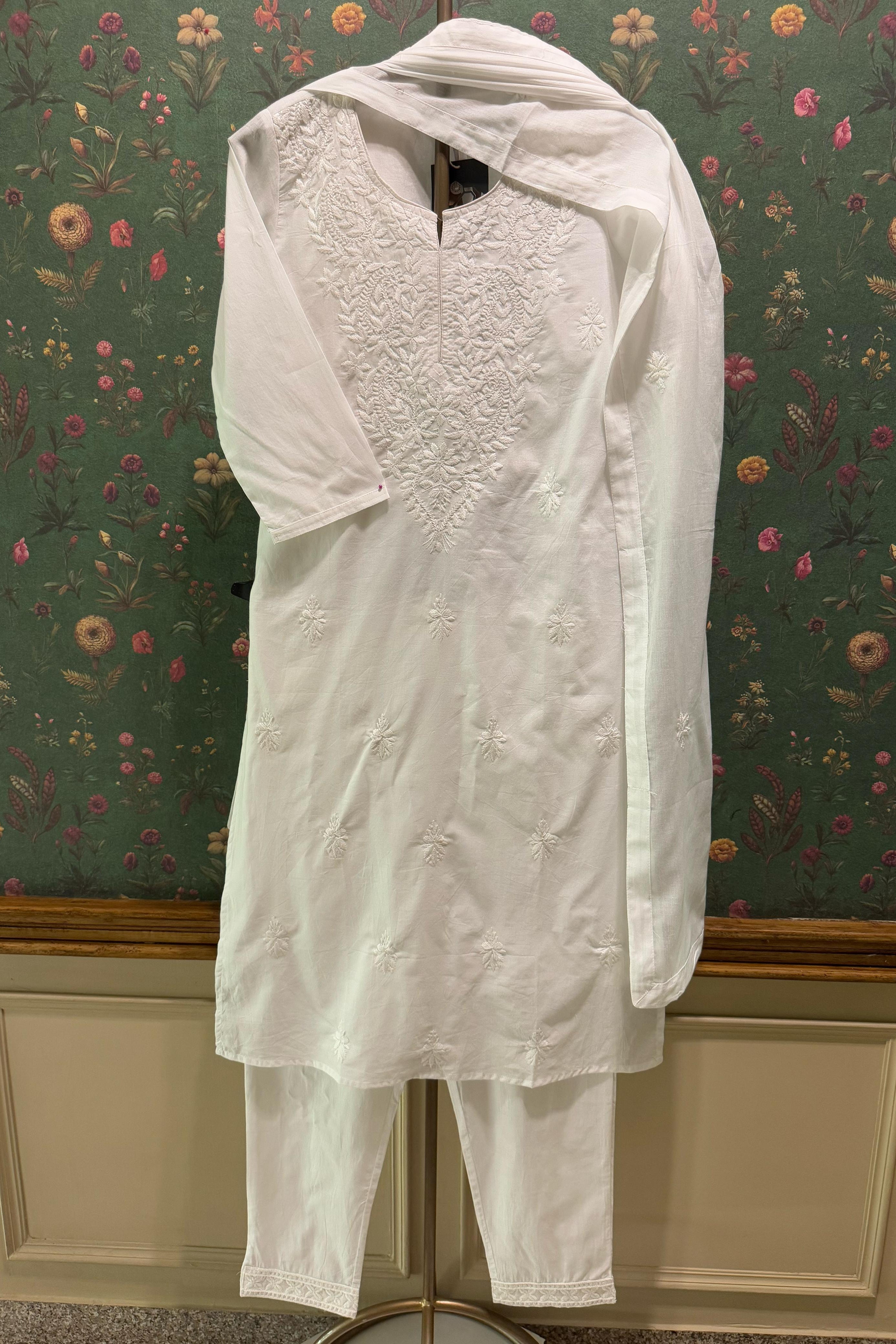 White Cotton Chikankari Suit Set | HER-531