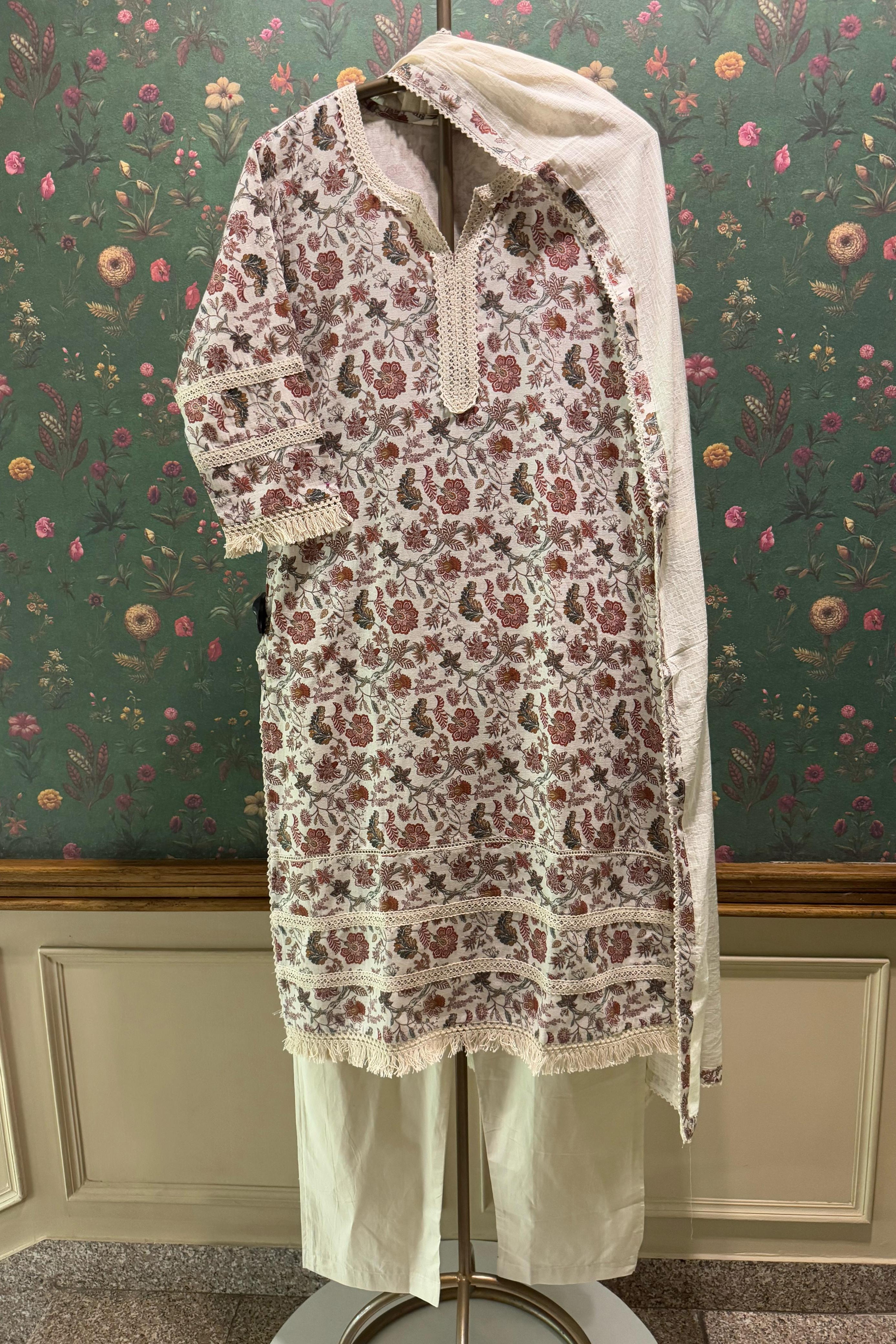 Earthy Floral Suit Set with Crochet Style Lace