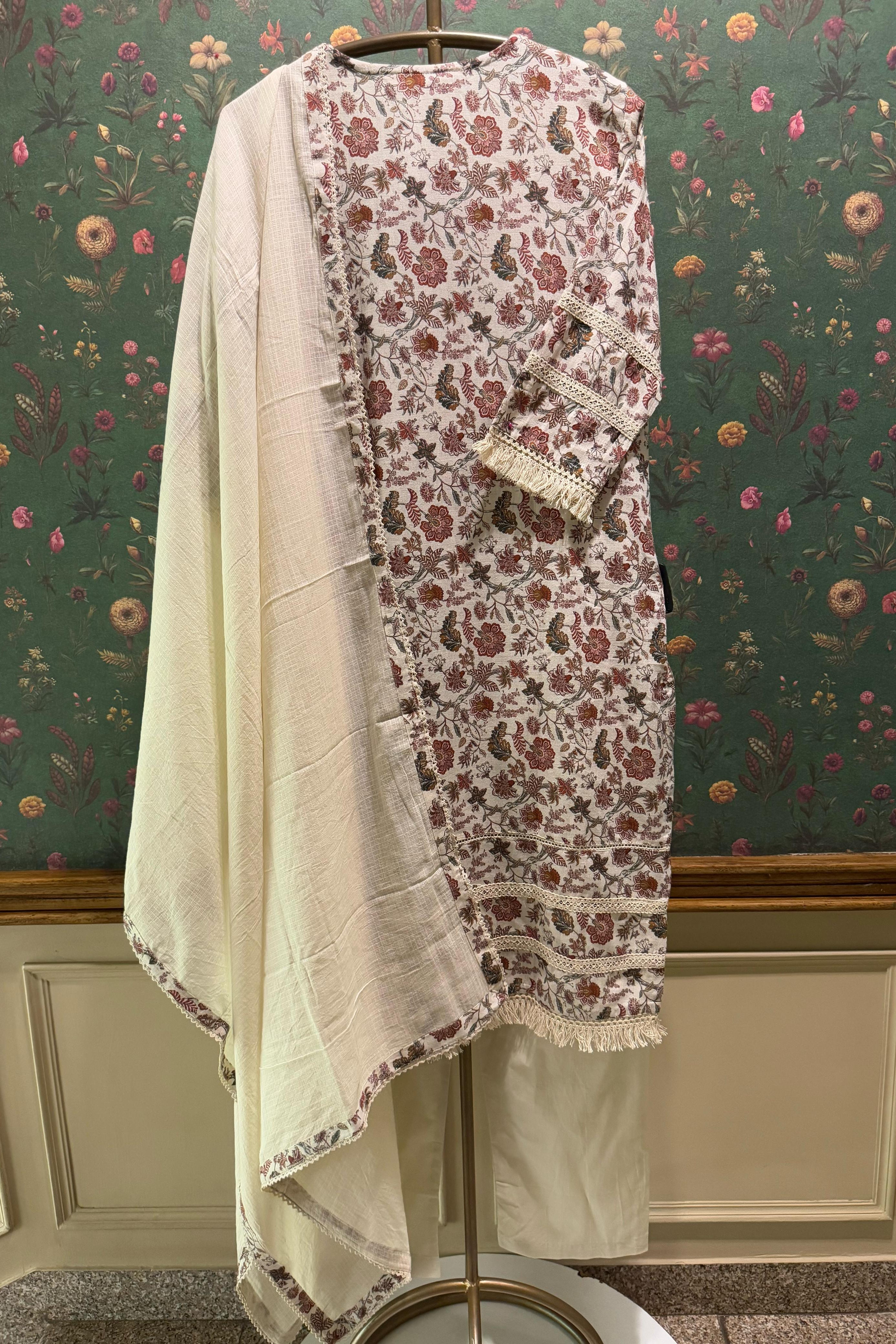 Earthy Floral Suit Set with Crochet Style Lace