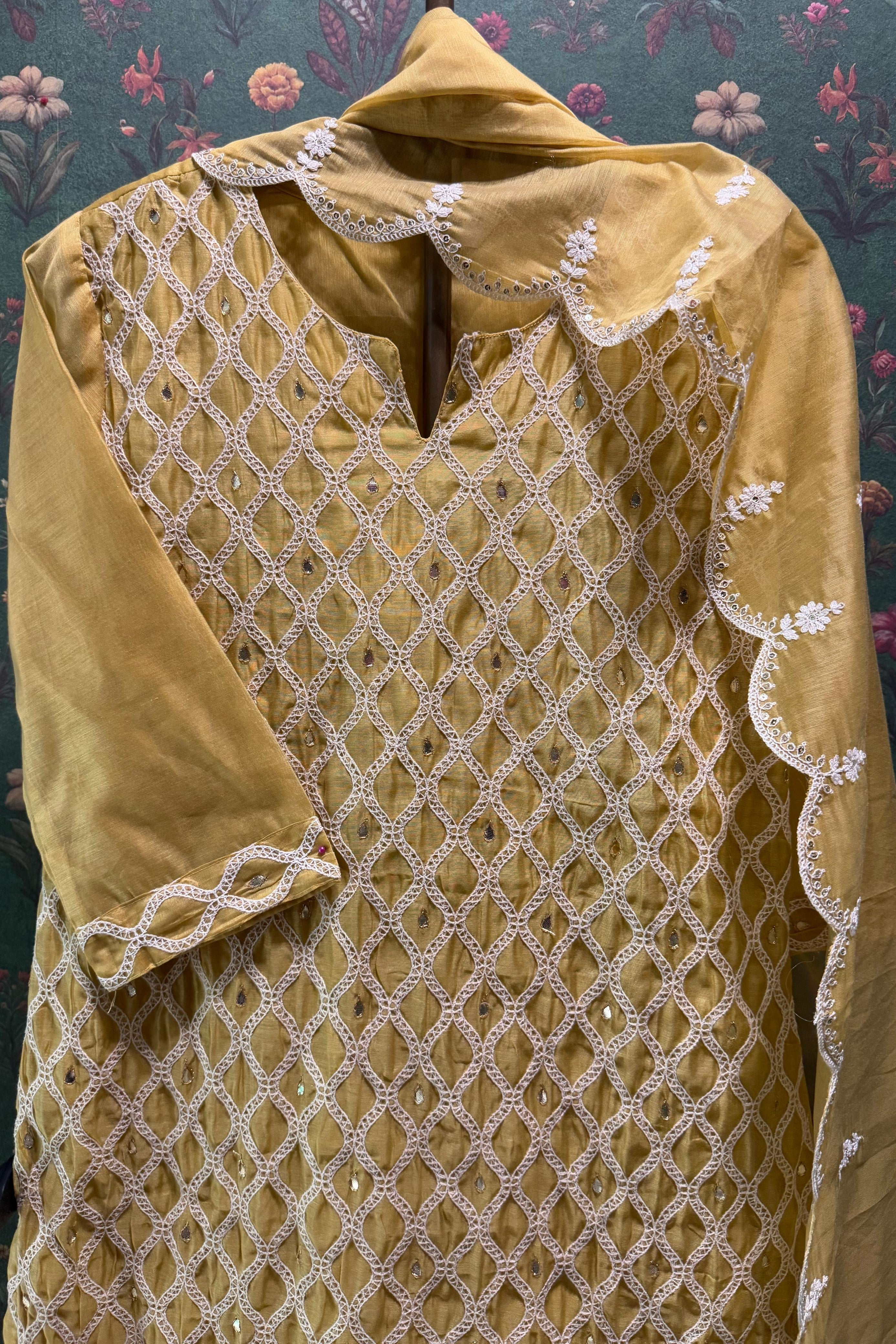 Radiant yellow Chanderi Suit Set with Lattice Embroidery | HER-392