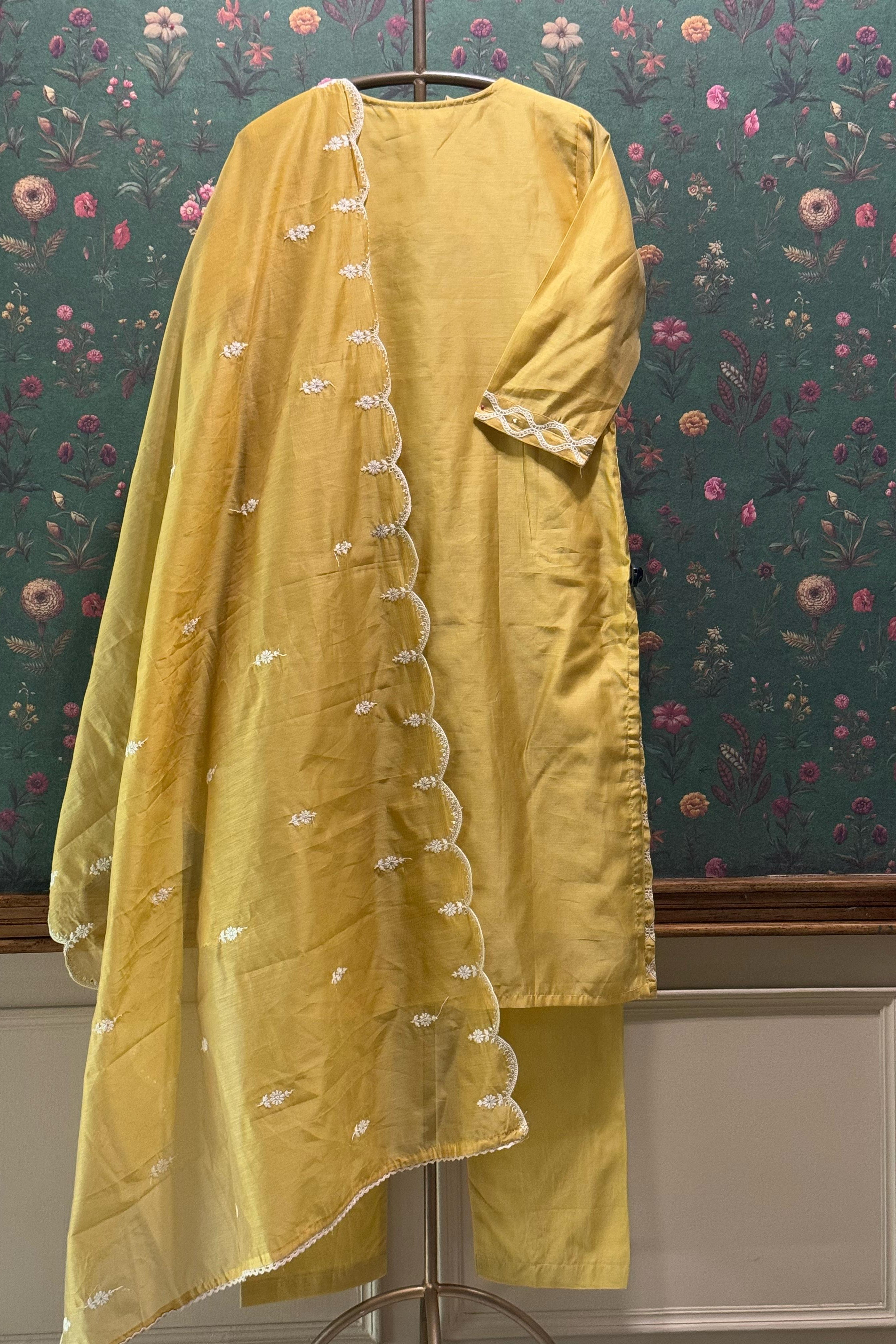 Radiant yellow Chanderi Suit Set with Lattice Embroidery | HER-392