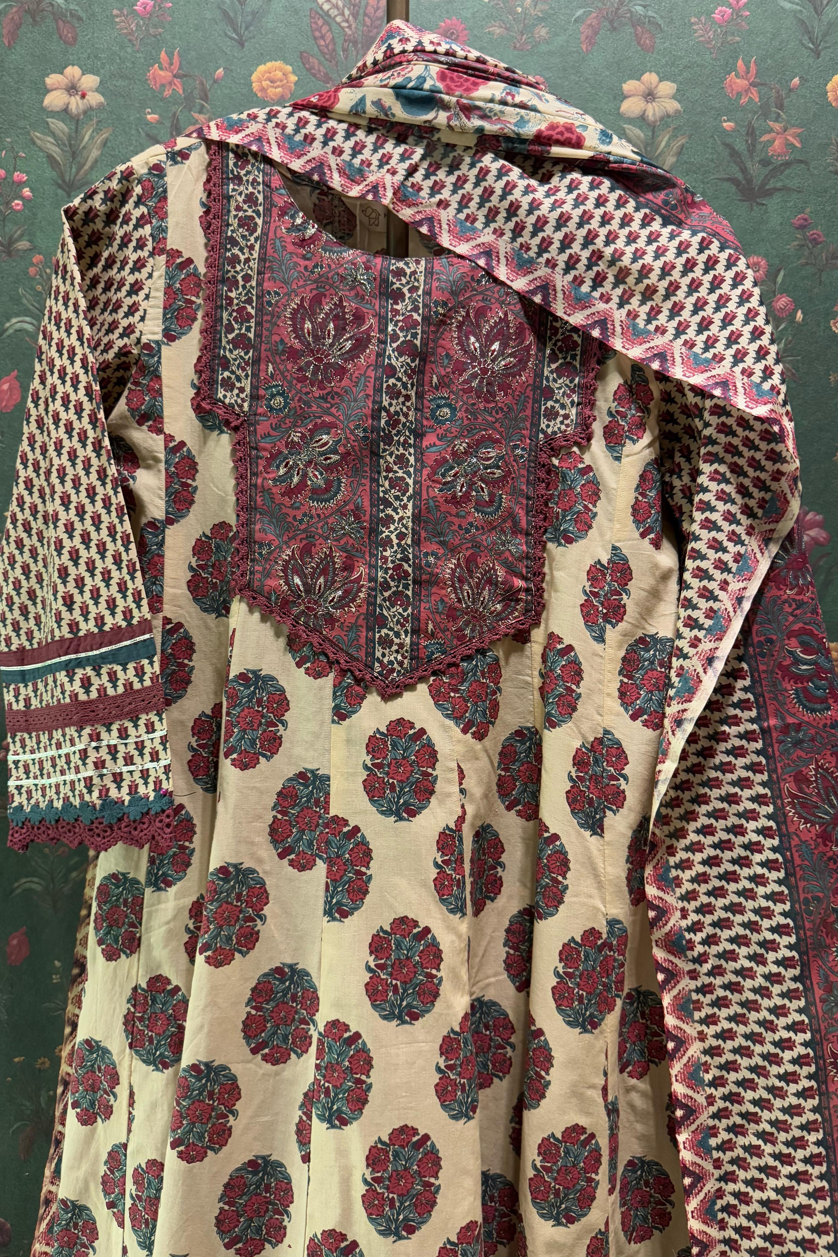 Beige Cotton Anarkali Suit Set | HER-348