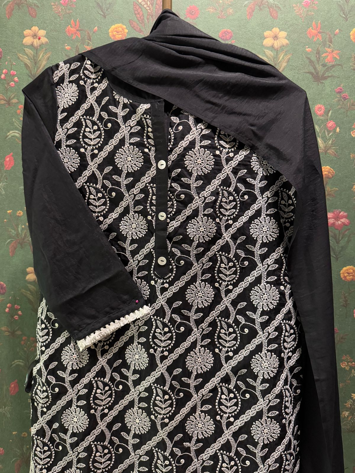 Noir Black Cotton Suit Set with Floral Embroidery