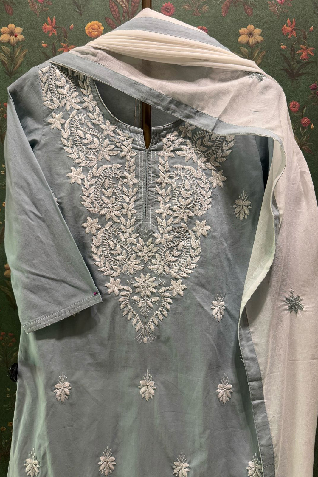 Dusty Blue Cotton Chikankari Suit Set | HER-531
