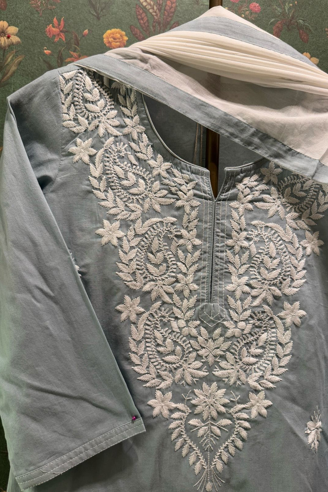 Dusty Blue Cotton Chikankari Suit Set | HER-531