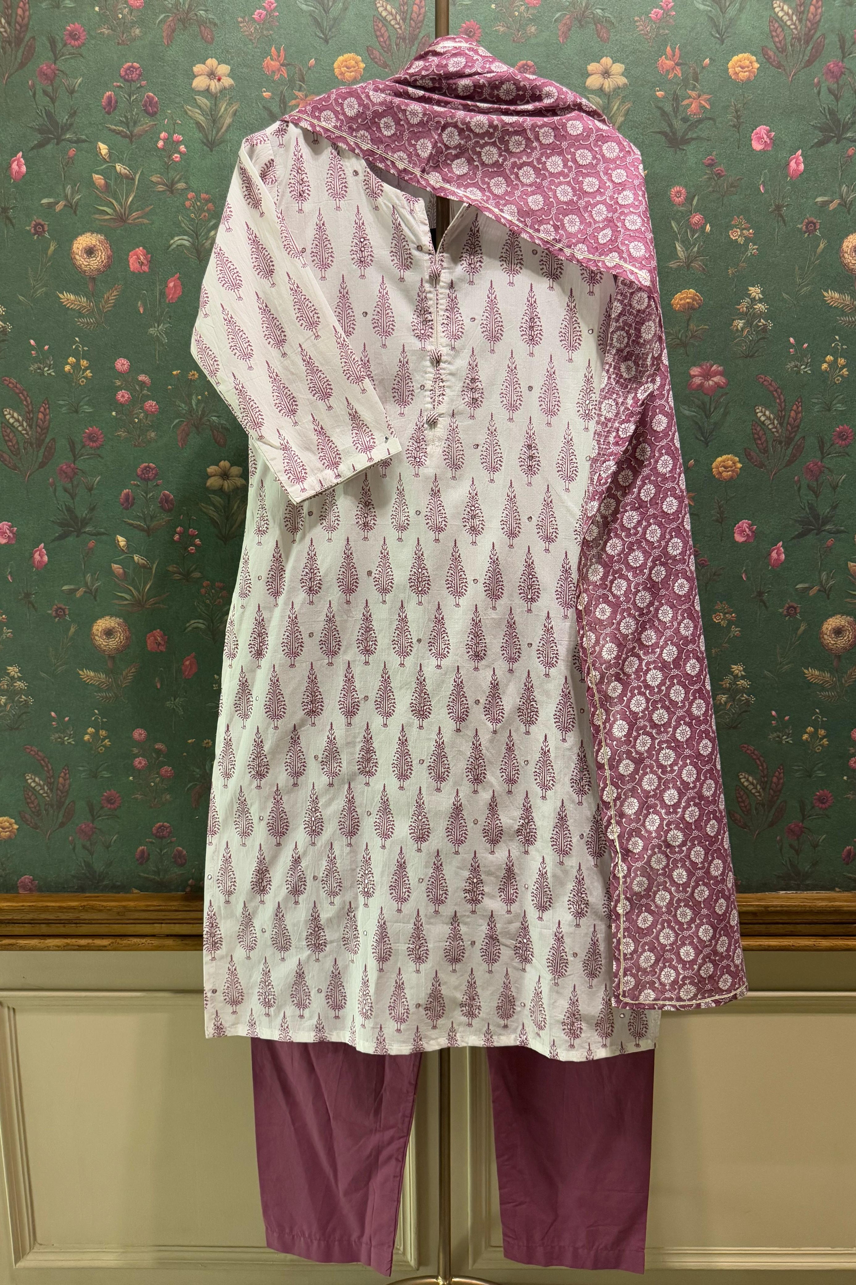 Purple Motifs Handblock Cotton Suit Set