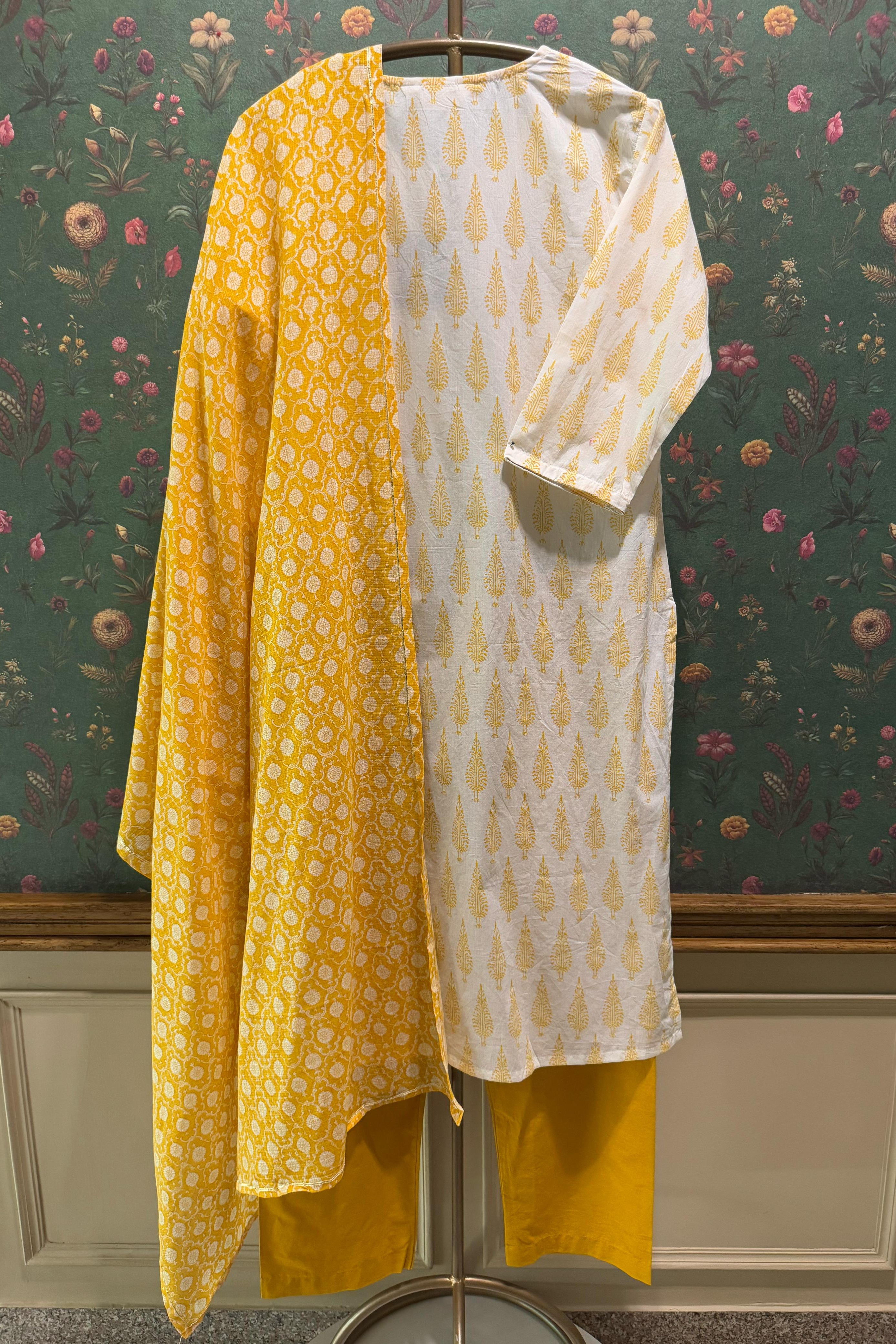 Yellow Motifs Handblock Cotton Suit Set