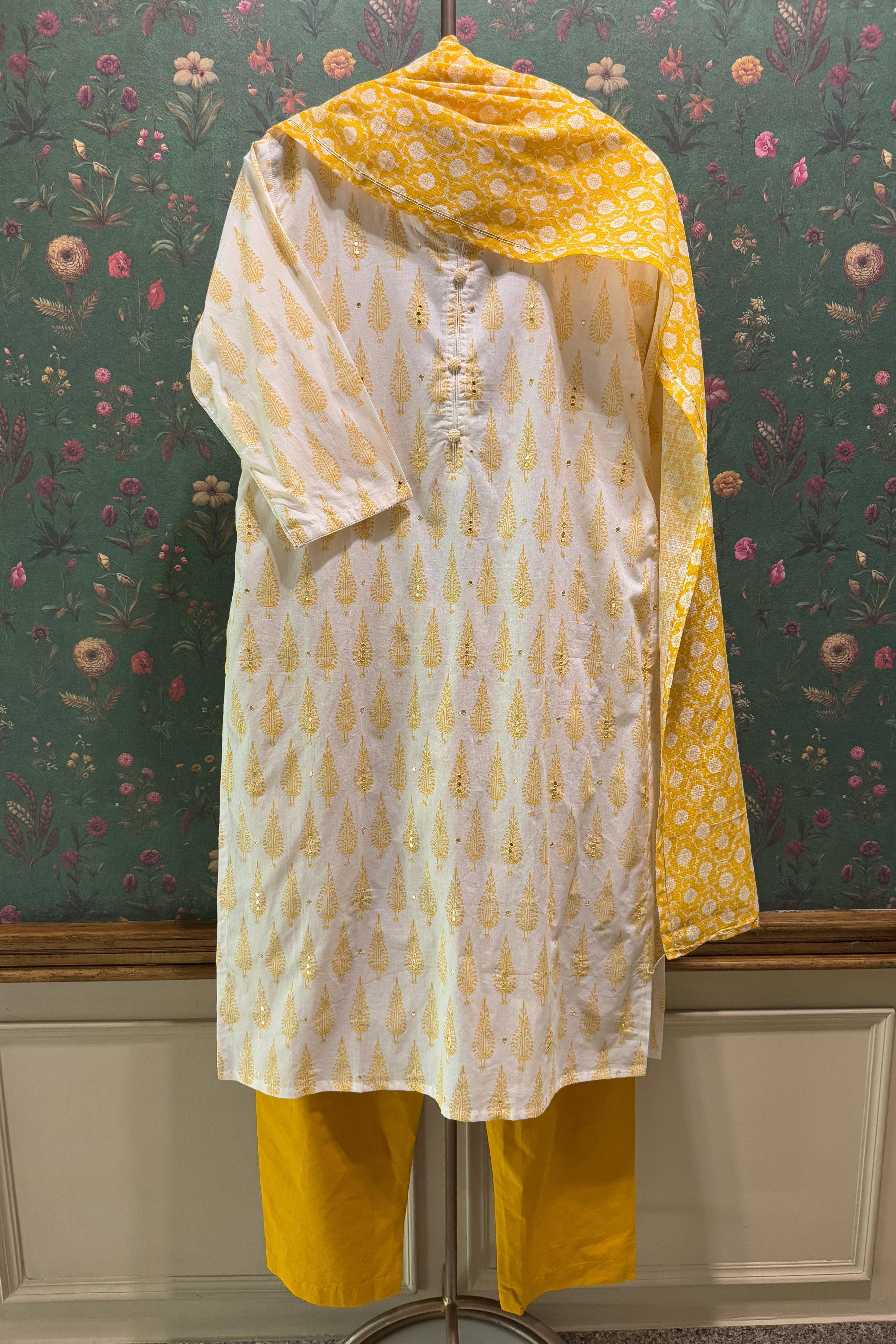 Yellow Motifs Handblock Cotton Suit Set