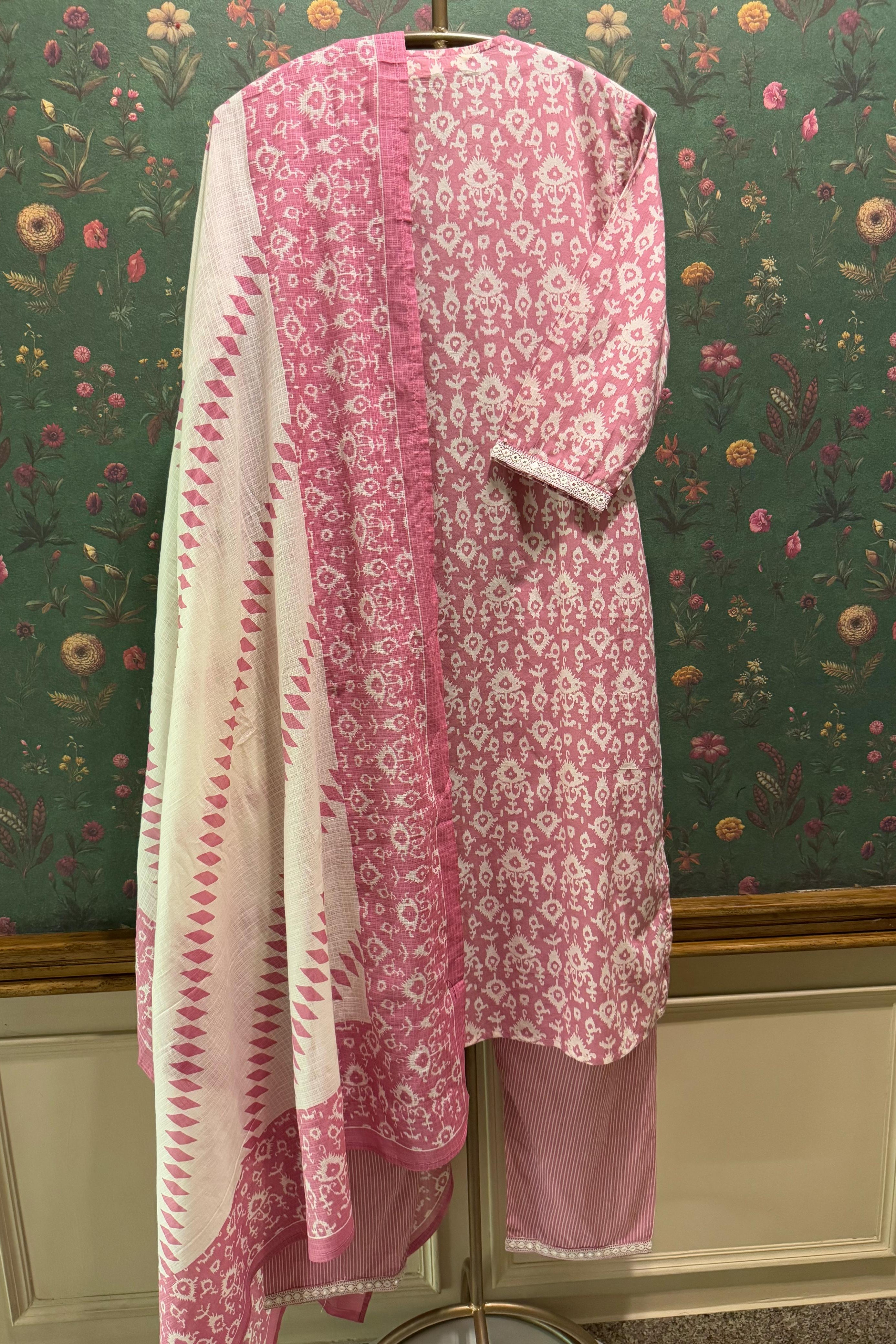 Rose Pink Cotton Suit Set, with Kota Doria Dupatta | HER-304