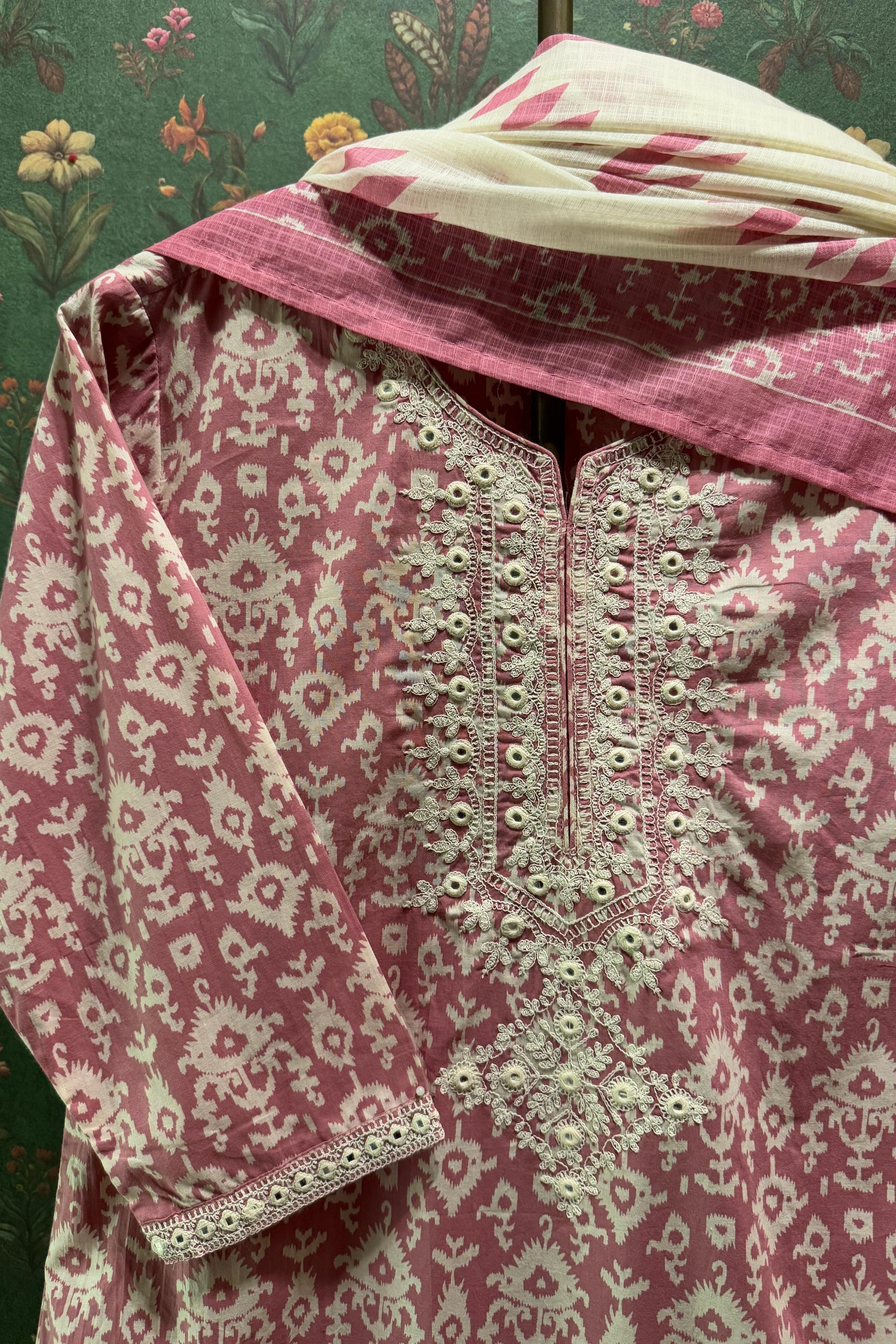 Rose Pink Cotton Suit Set, with Kota Doria Dupatta | HER-304