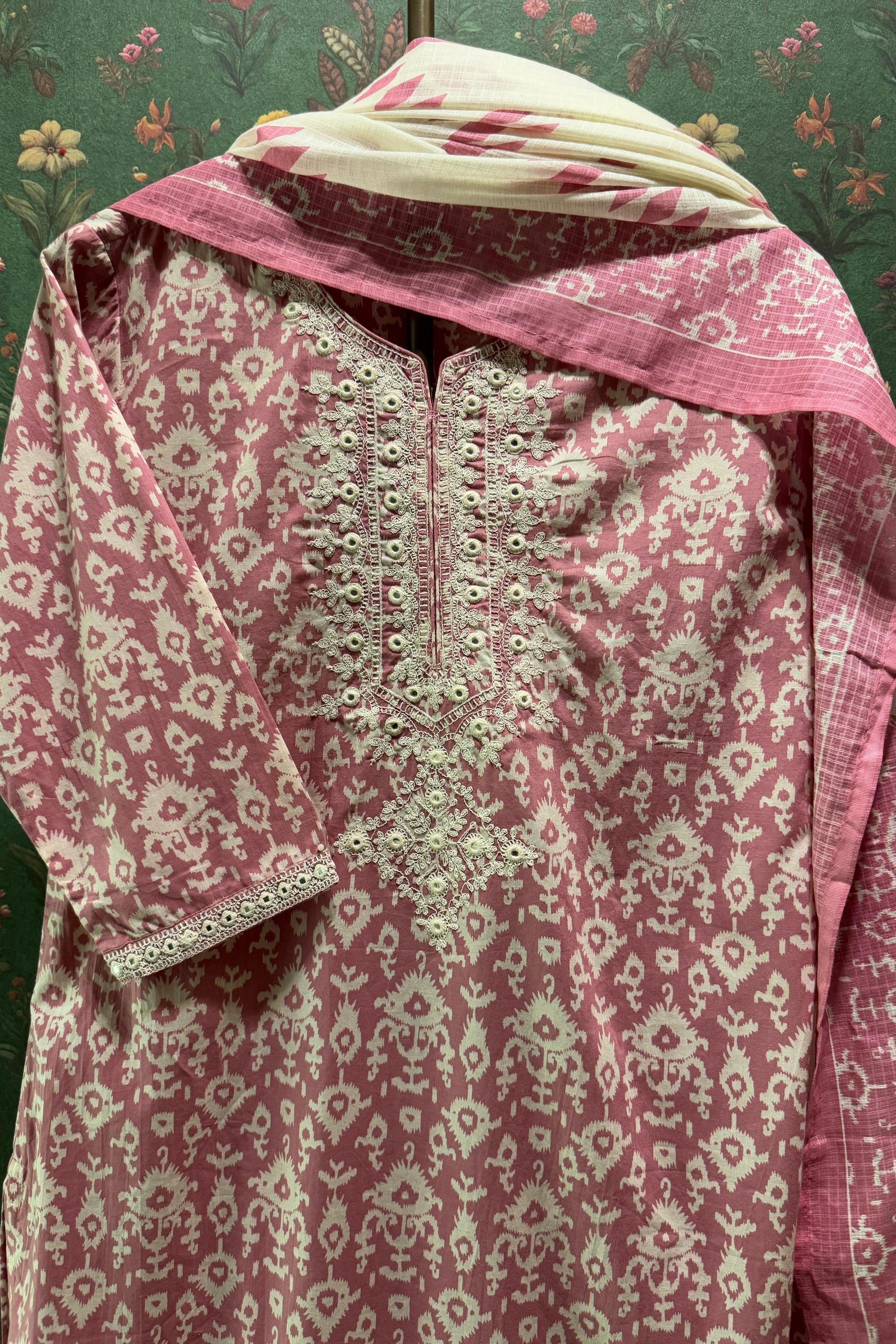 Rose Pink Cotton Suit Set, with Kota Doria Dupatta | HER-304