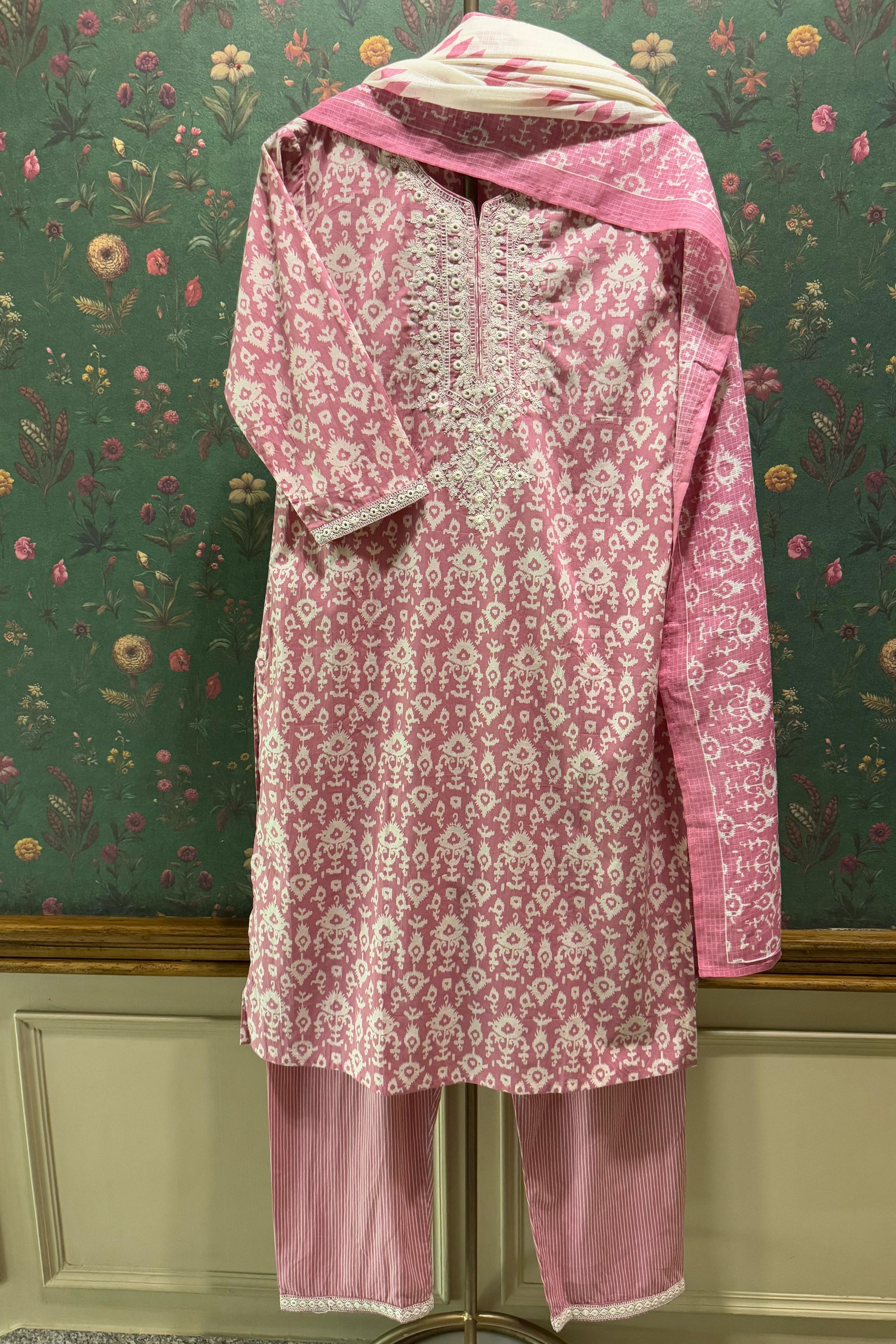 Rose Pink Cotton Suit Set, with Kota Doria Dupatta | HER-304