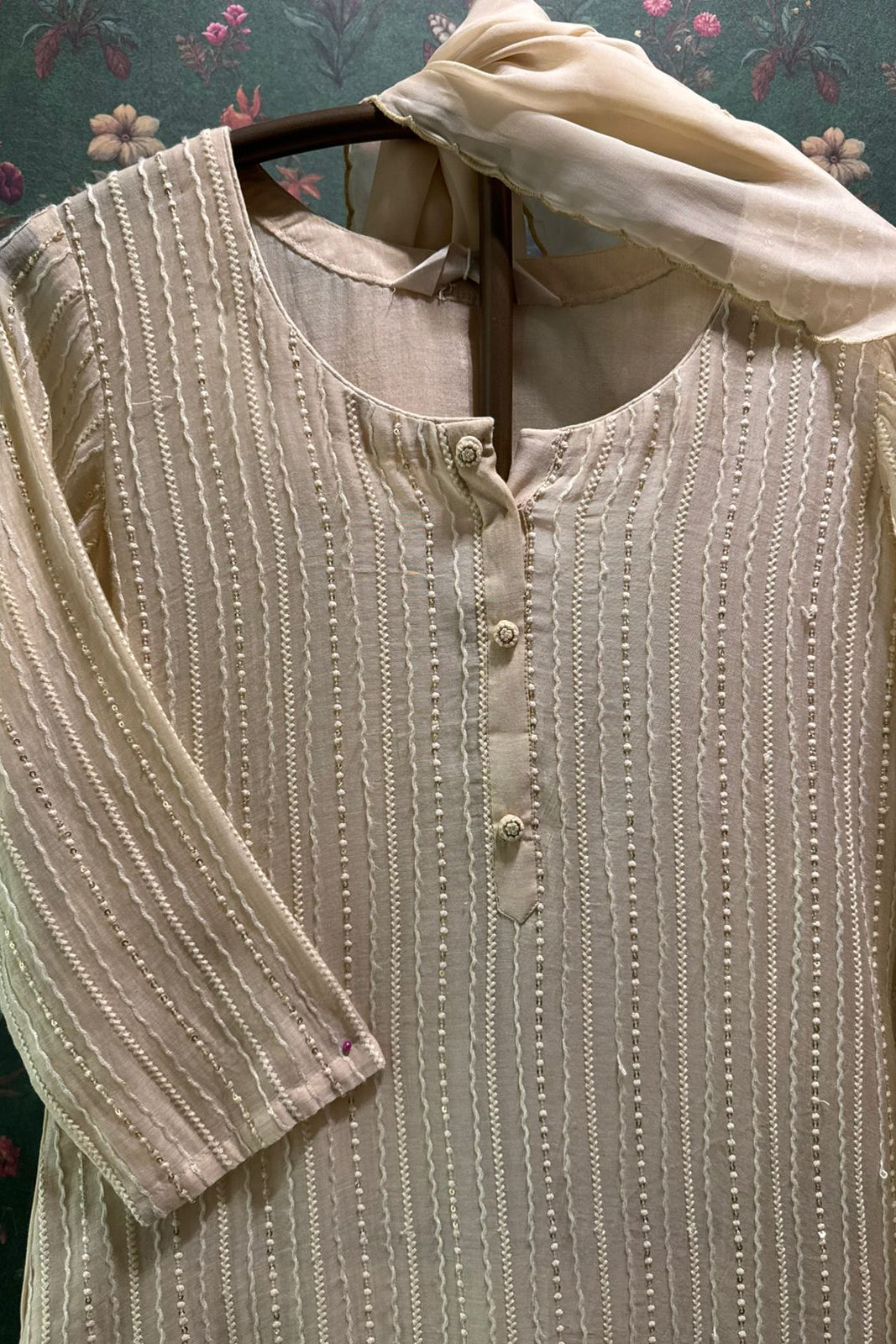 Beige Embroidered Mul Chanderi Suit Set | HER-285