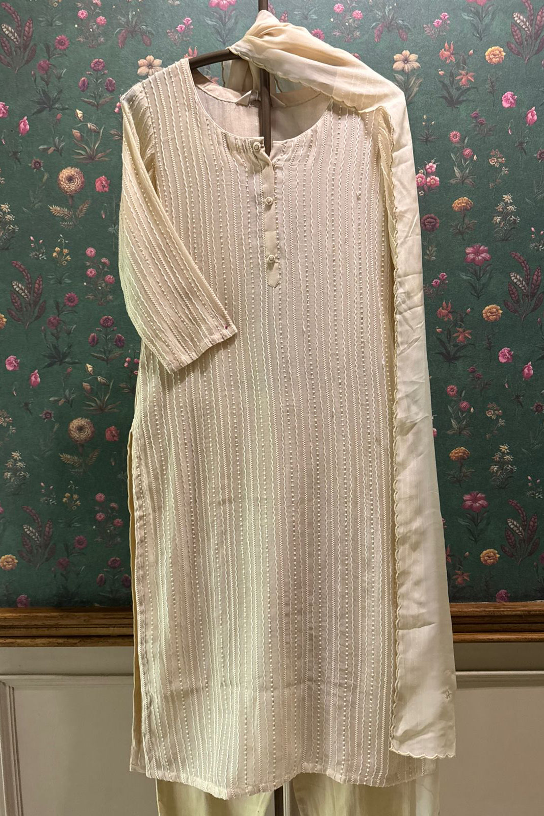 Beige Embroidered Mul Chanderi Suit Set | HER-285