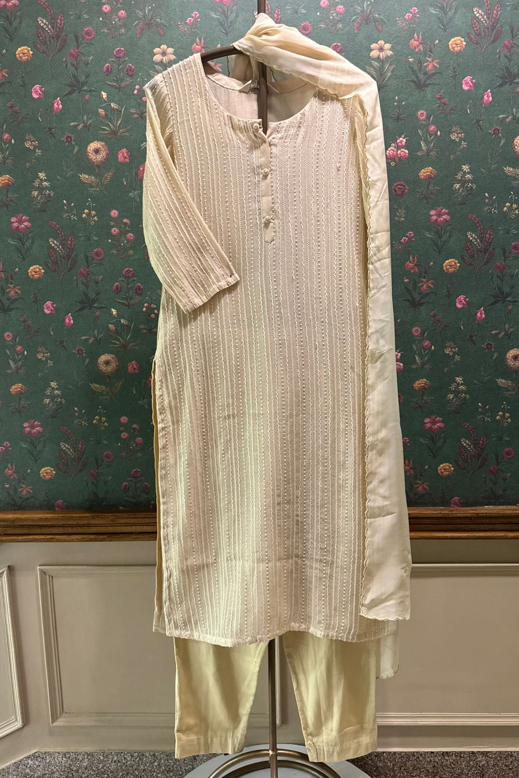 Beige Embroidered Mul Chanderi Suit Set | HER-285