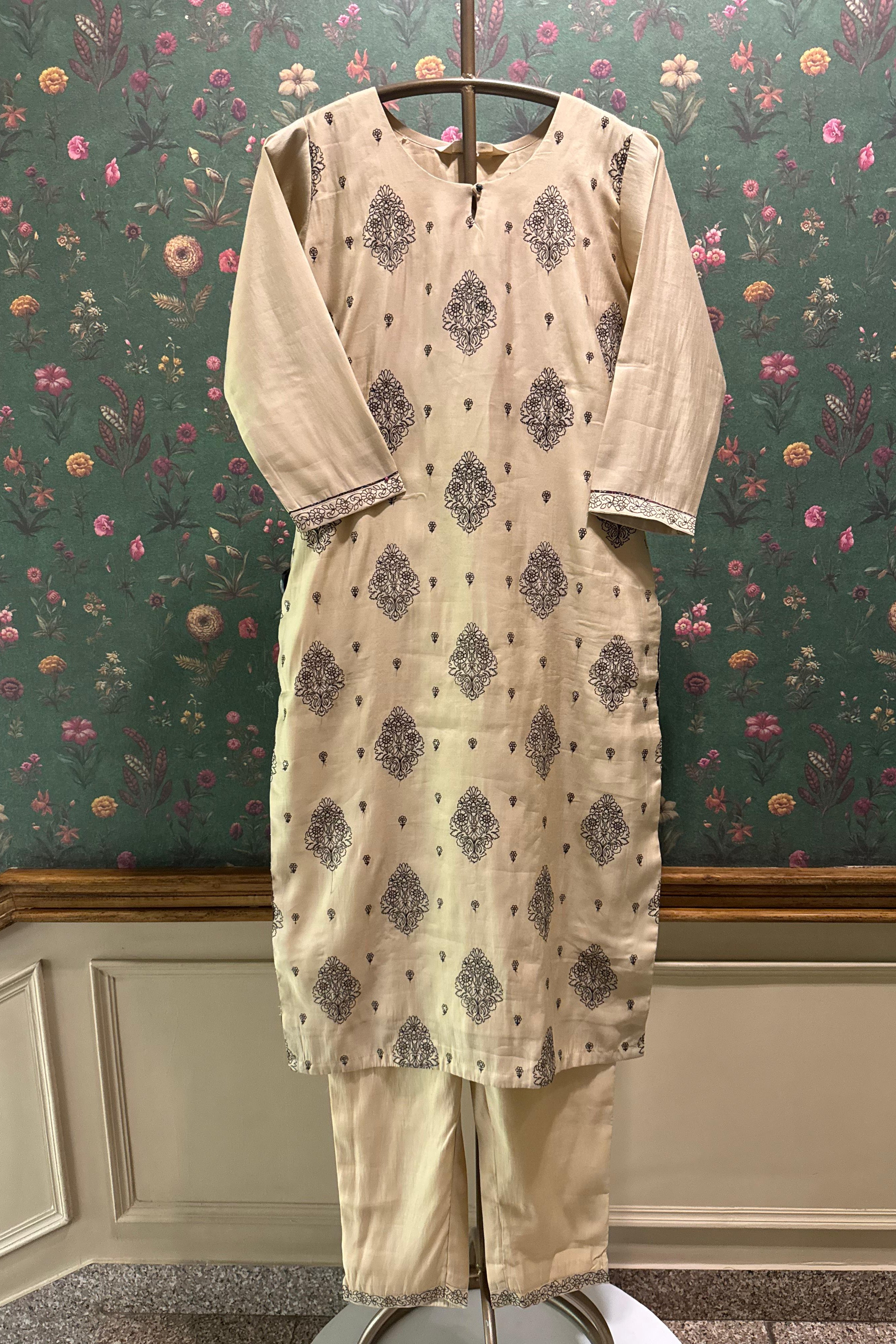 Beige Chanderi-Silk Suit Set (with Ajrak Dupatta)