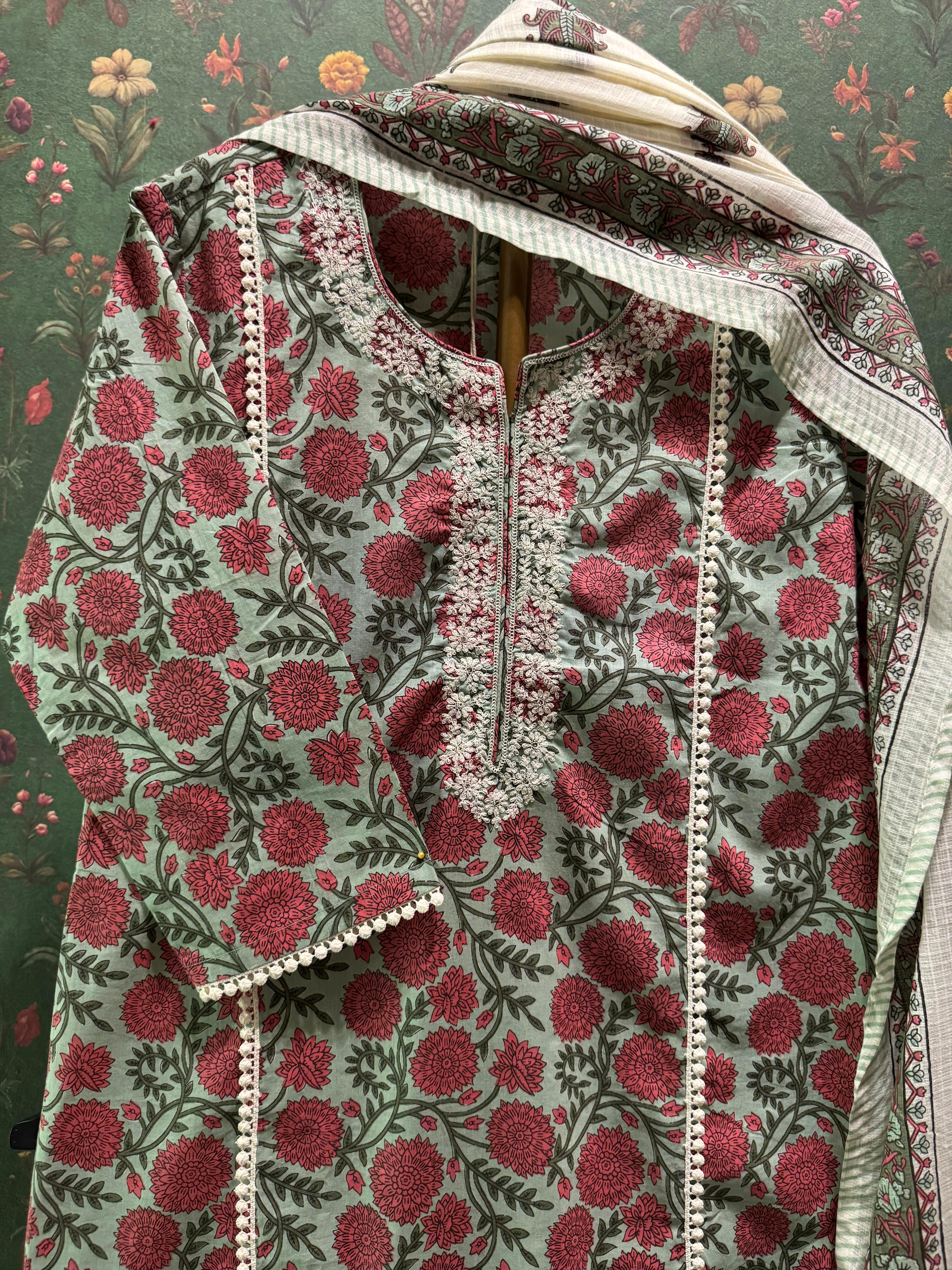 Pistachio Green Floral Cotton Suit Set with Kota Doria Dupatta | HER-291