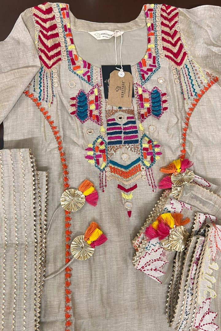 Noorani Multicolor A-Line Bamboo Silk Suit Set with Palazzo | HER-447