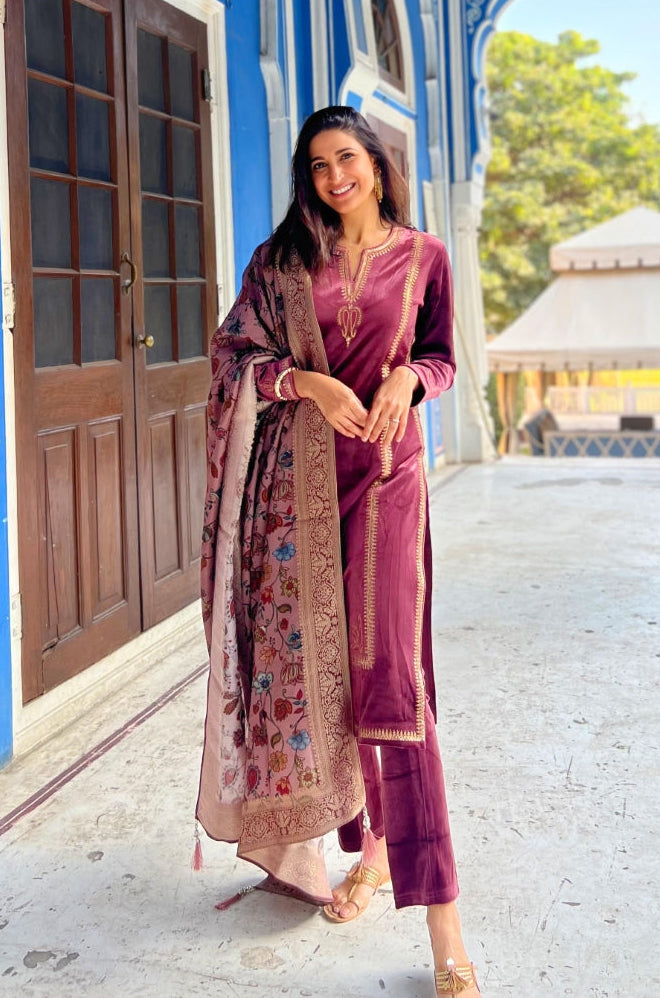 Wine Velvet Suit Set | HER-441