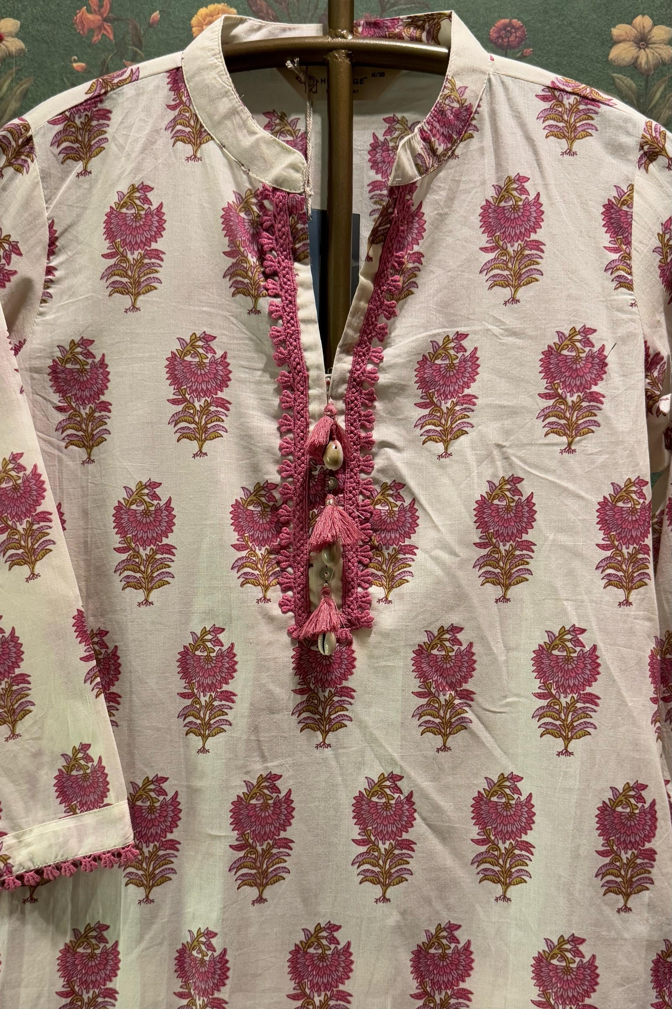 Cream & Pink Straight fit Cotton Kurta set | HER-513