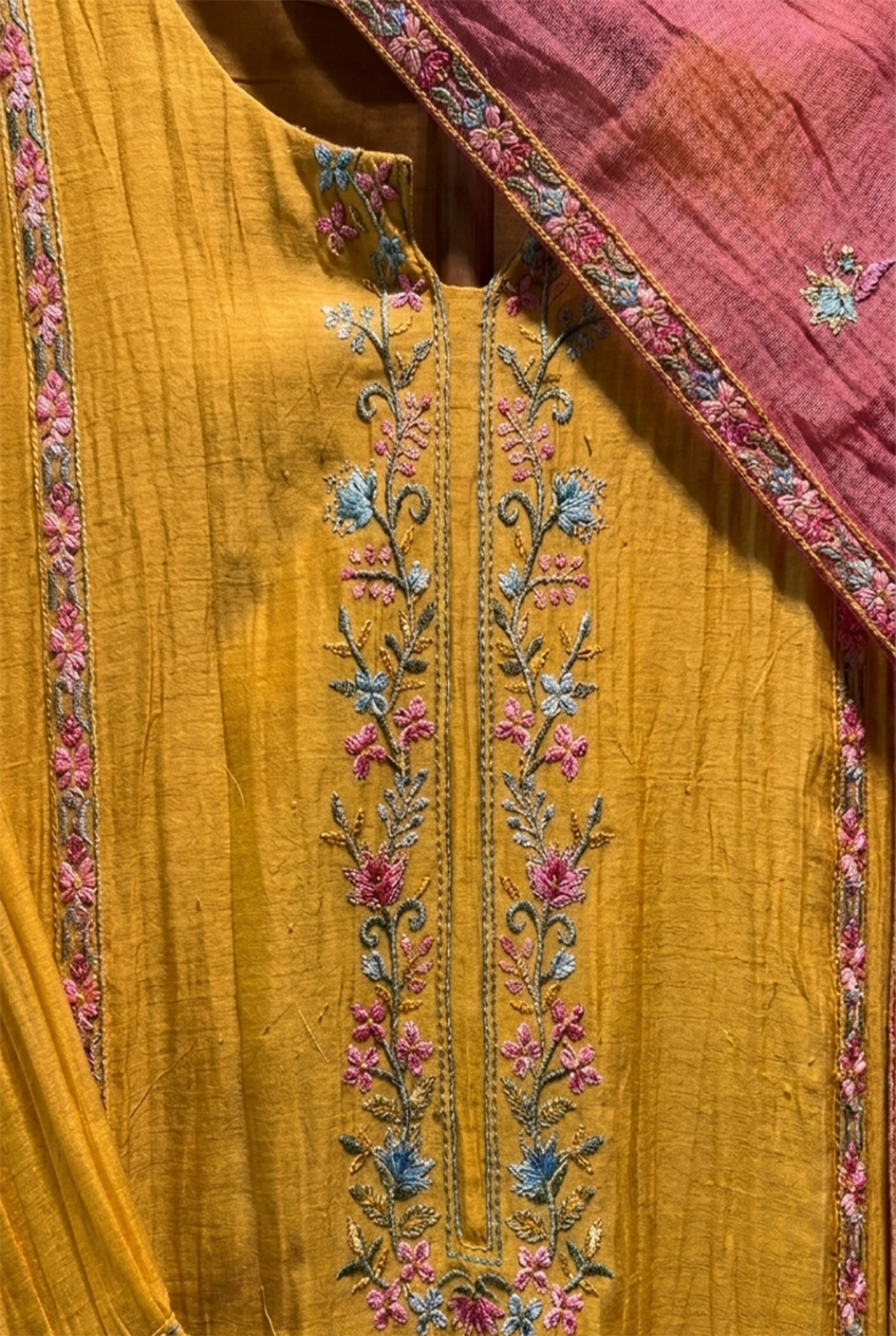 Mustard Yellow Mul-Chanderi Embroidered Suit Set | HER-780