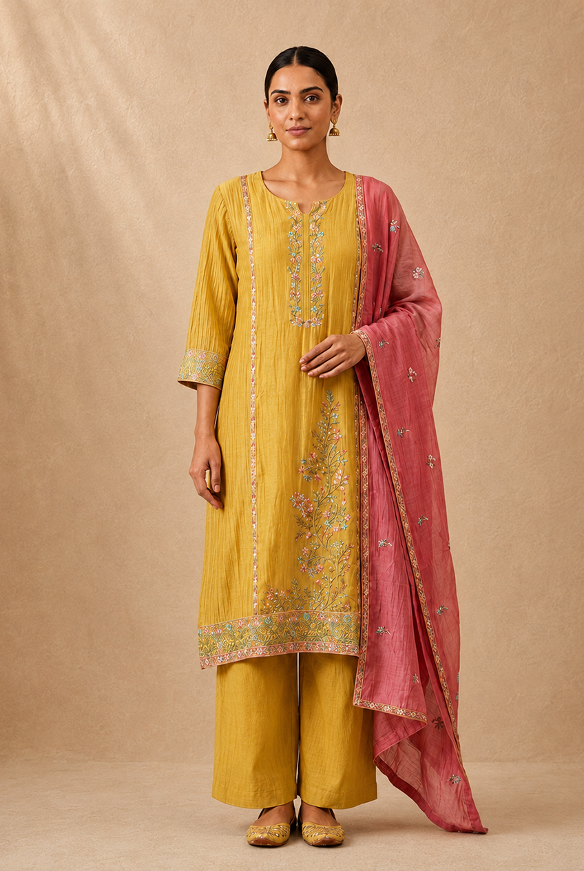 Mustard Yellow Mul-Chanderi Embroidered Suit Set | HER-780