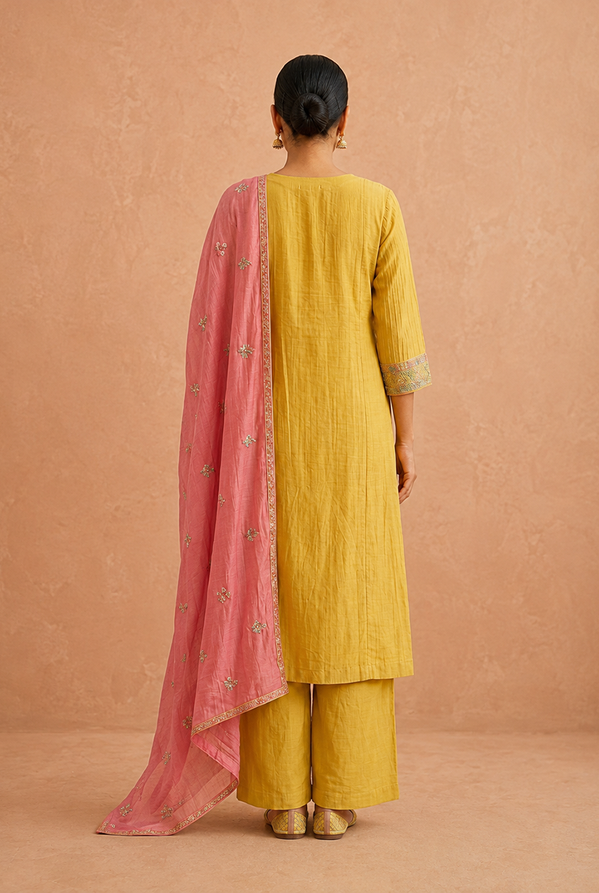Mustard Yellow Mul-Chanderi Embroidered Suit Set | HER-780