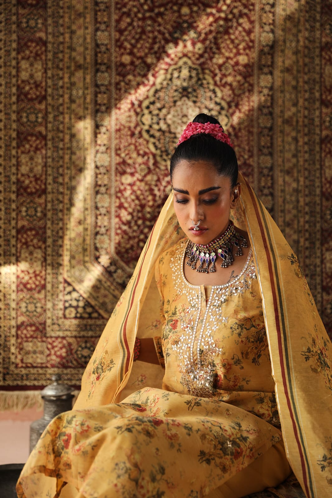 Heer Floral Yellow Chanderi Suit Set | HER-255