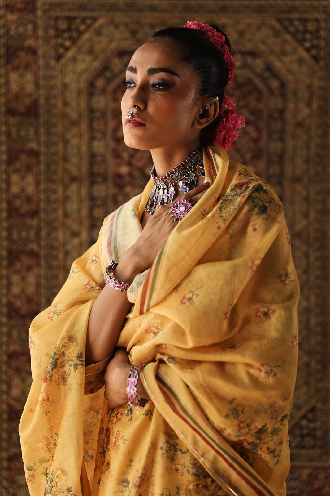 Heer Floral Yellow Chanderi Suit Set | HER-255