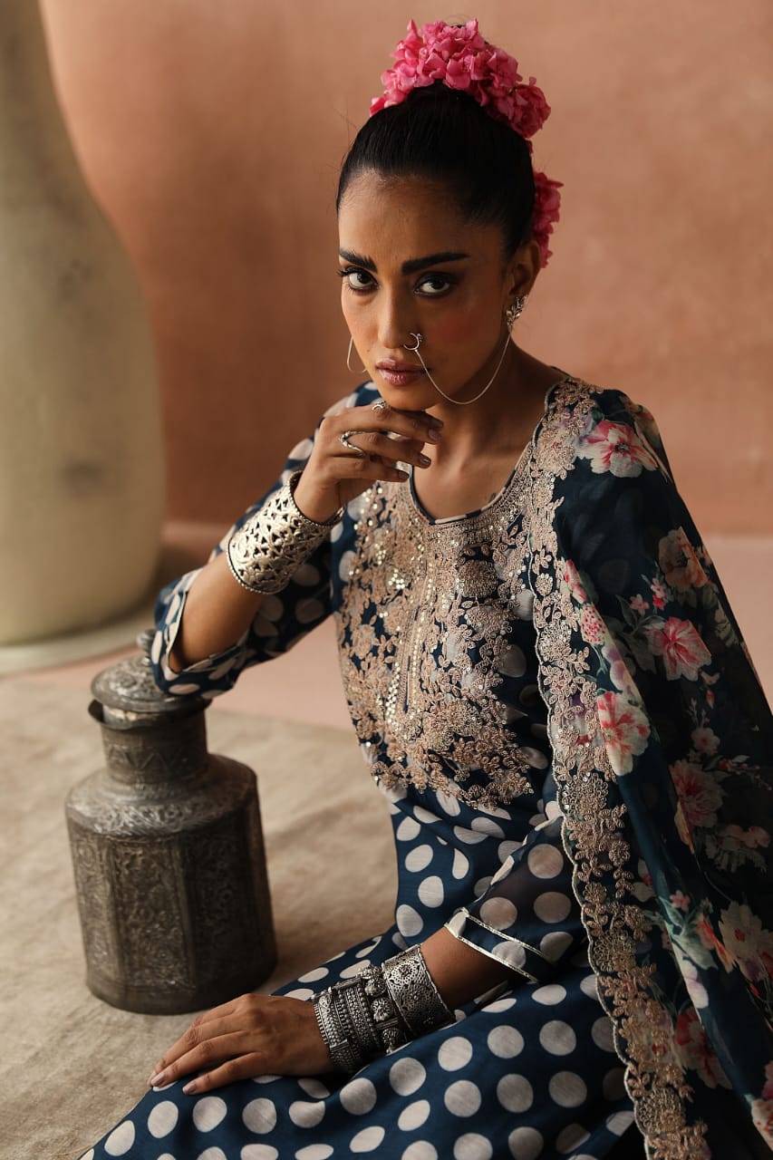 Blue Polka Chanderi Kurta Set | HER-253